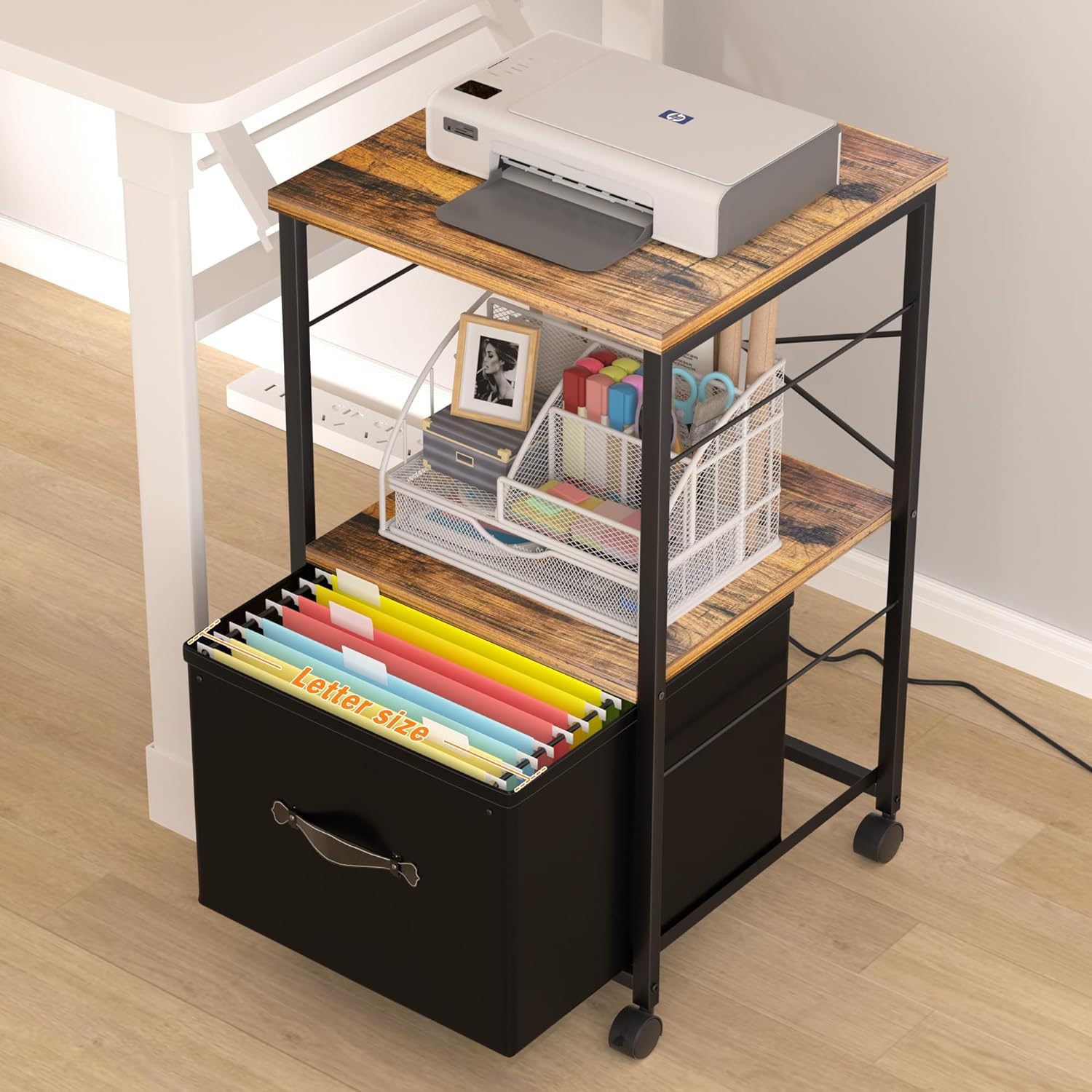 VECELO File Cabinet with Open Storage Shelf, Rolling Printer Stand with Large Fabric Drawer - VECELO