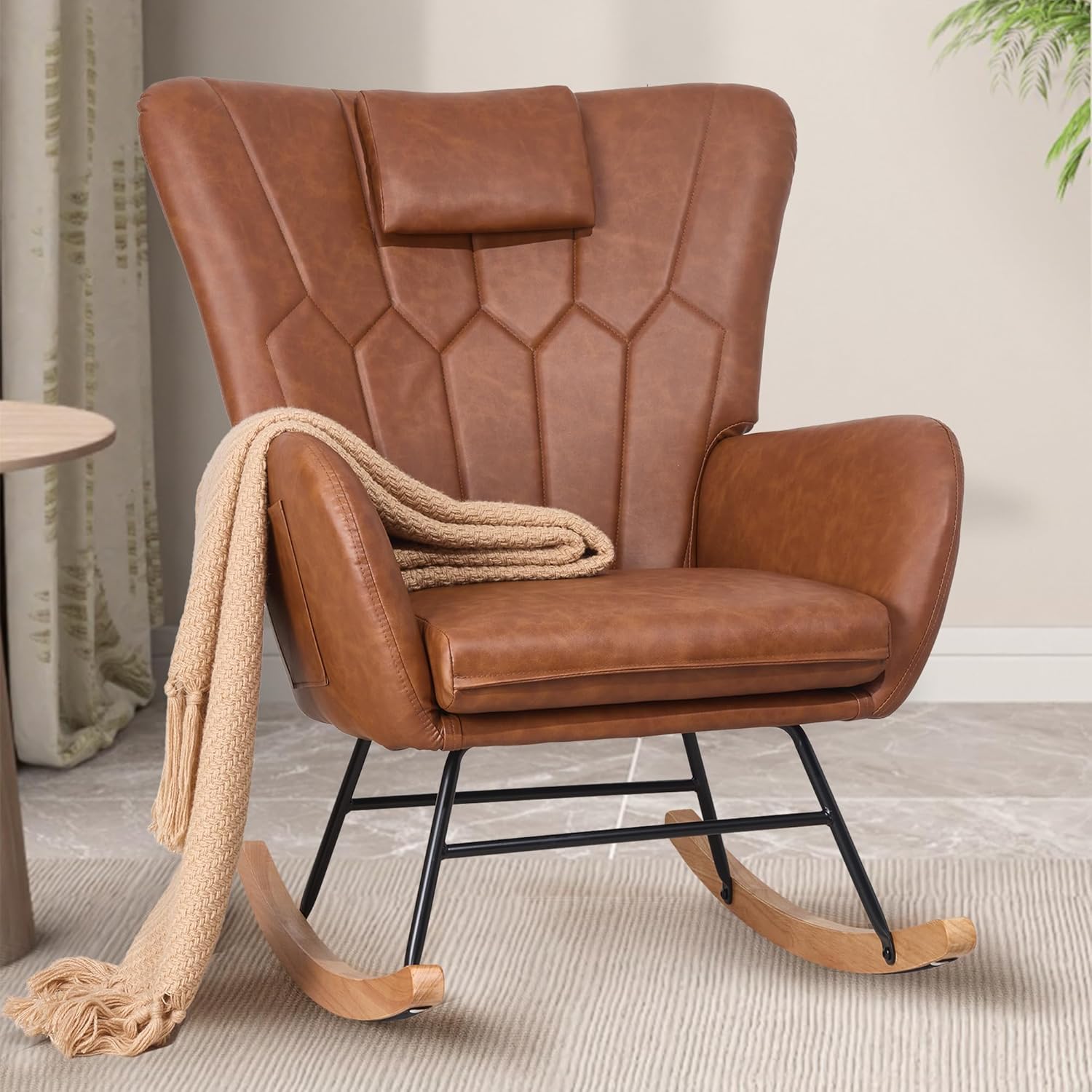 VECELO Rocking Chair Nursery with Thick Headrest, Modern Teddy Upholstered Reading Glider Rocker Accent Armchair with High Backrest - VECELO