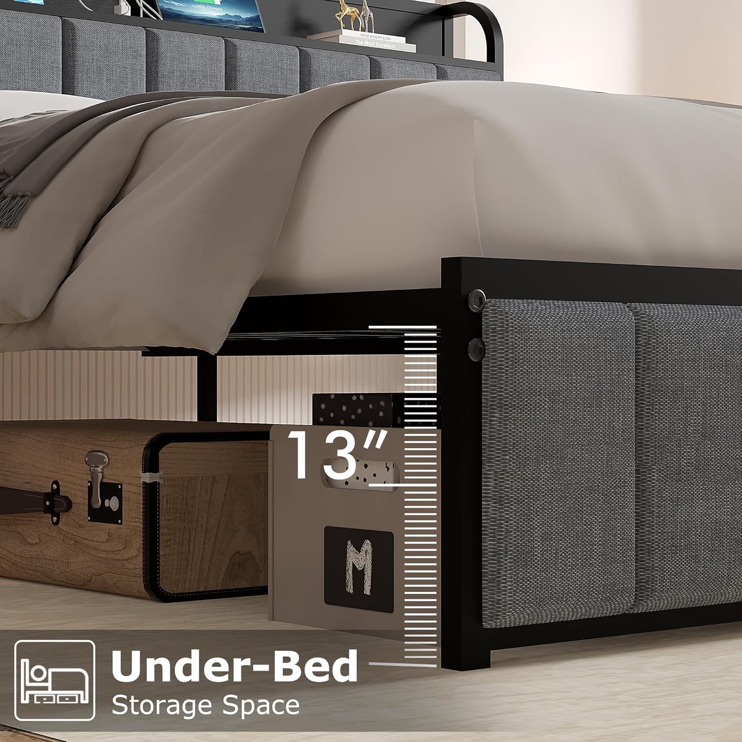 VECELO Twin Bed Frame, Storage Upholstered Headboard with Charging Station - VECELO