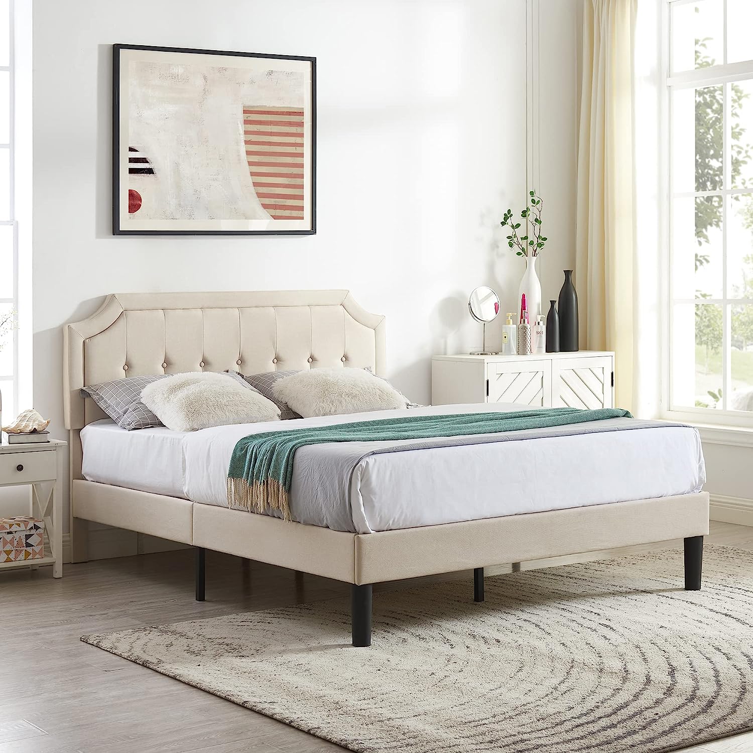 VECELO Premium Upholstered Platform Bed Diamond Stitched Panel Headboard - VECELO