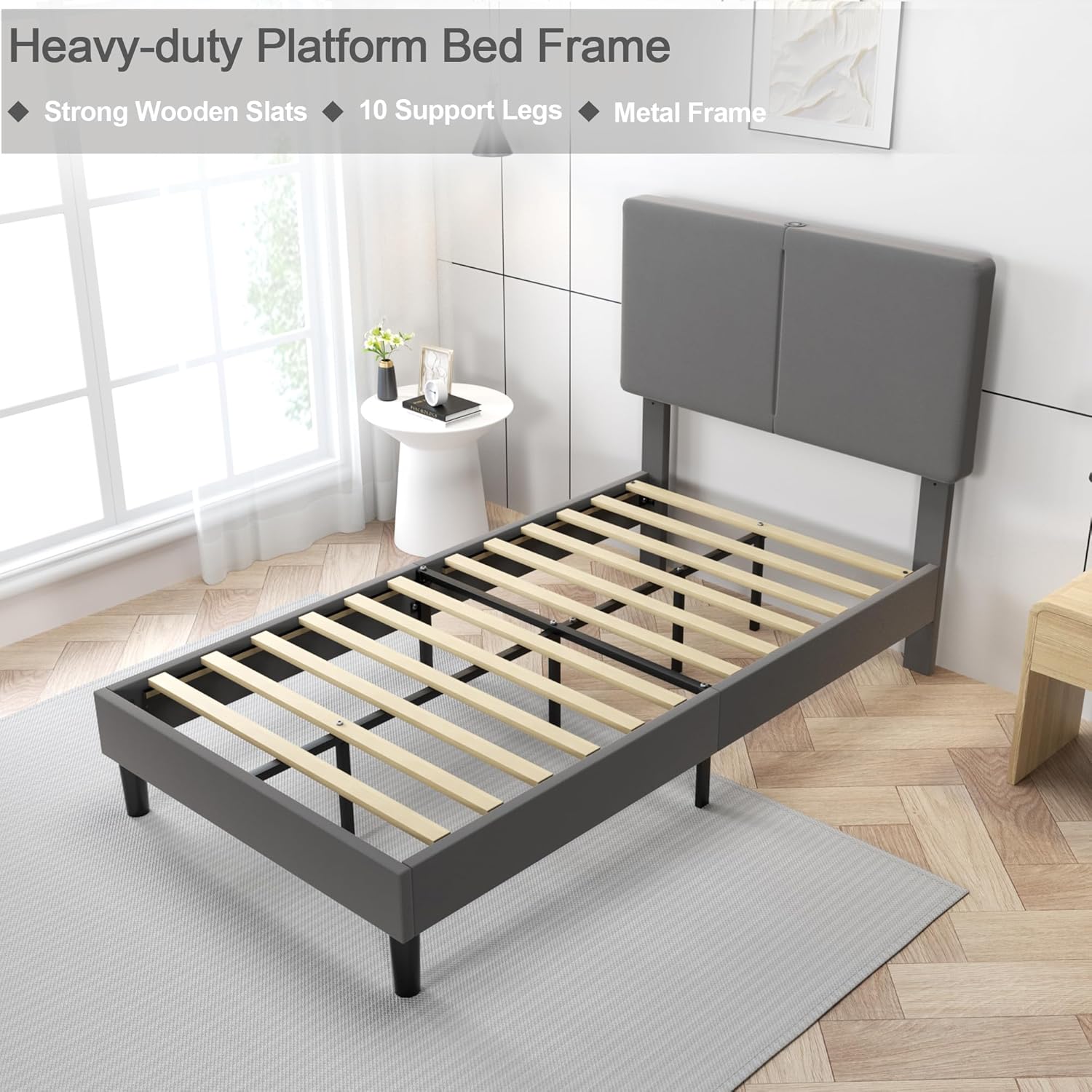 VECELO Twin/Full/Queen Bed Frame Upholstered Platform with Type-C & USB Ports Height-Adjustable Cotton and Linen Headboard - VECELO