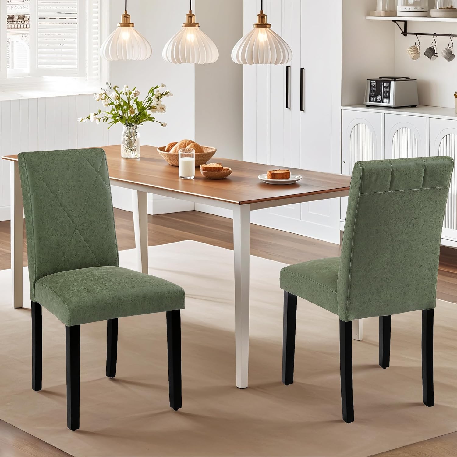 VECELO Upholstered Dining Chairs Set of 2 Modern Fabric and High Back & Solid Wood Legs for Kitchen - VECELO