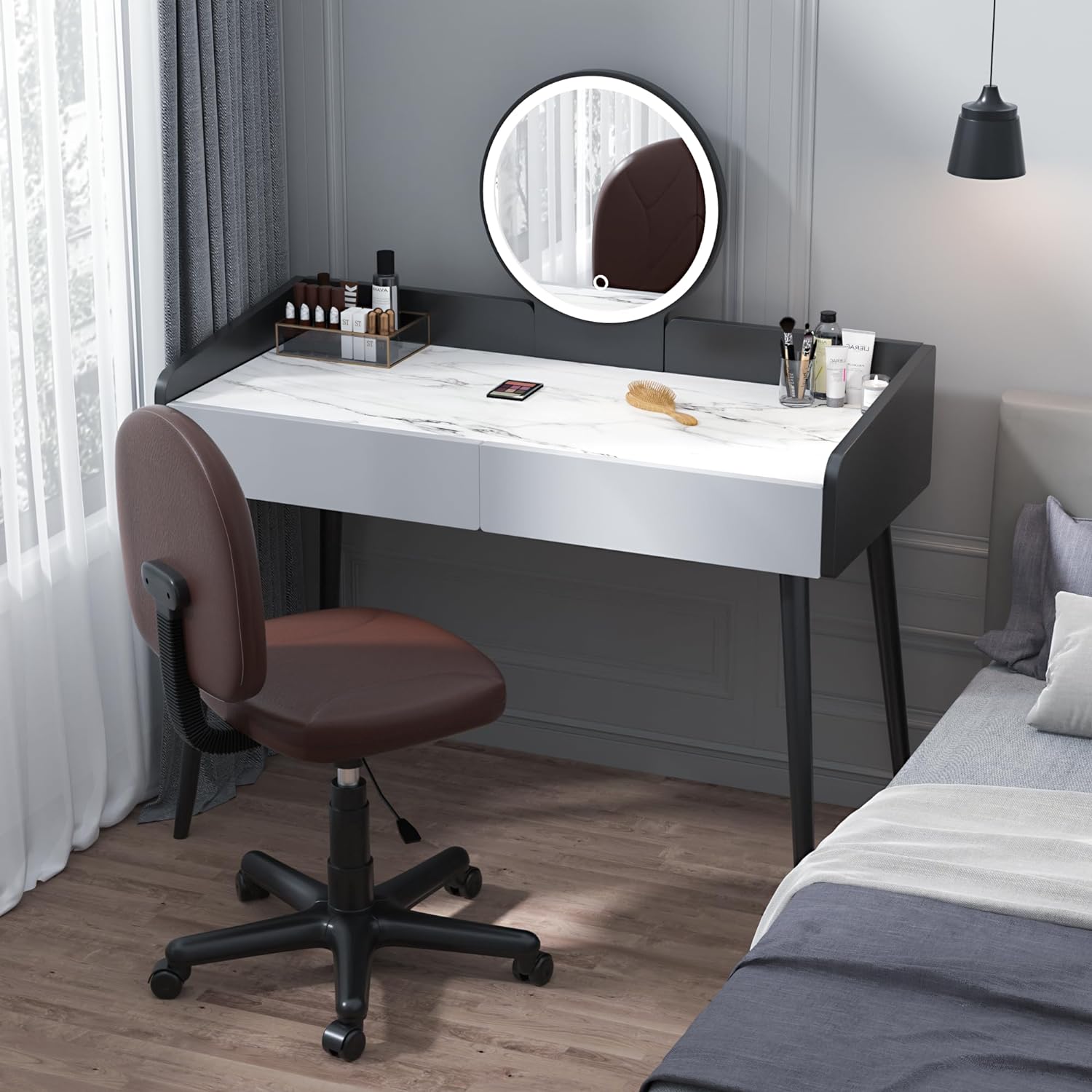 VECELO Small Desk Armless Low-Backrest PU Leather Ergonomic Computer Chair - VECELO