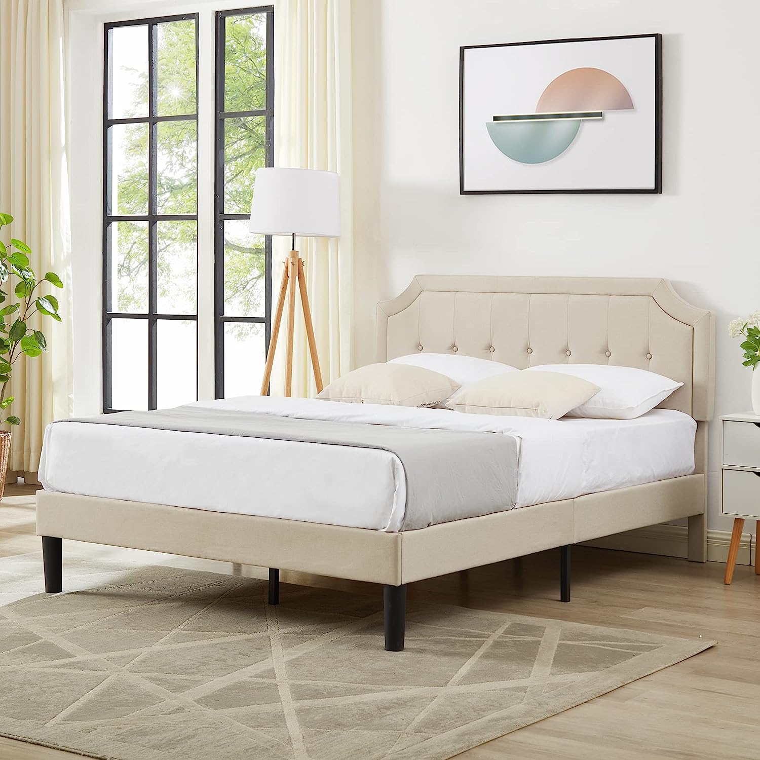VECELO Premium Upholstered Platform Bed Diamond Stitched Panel Headboard - VECELO