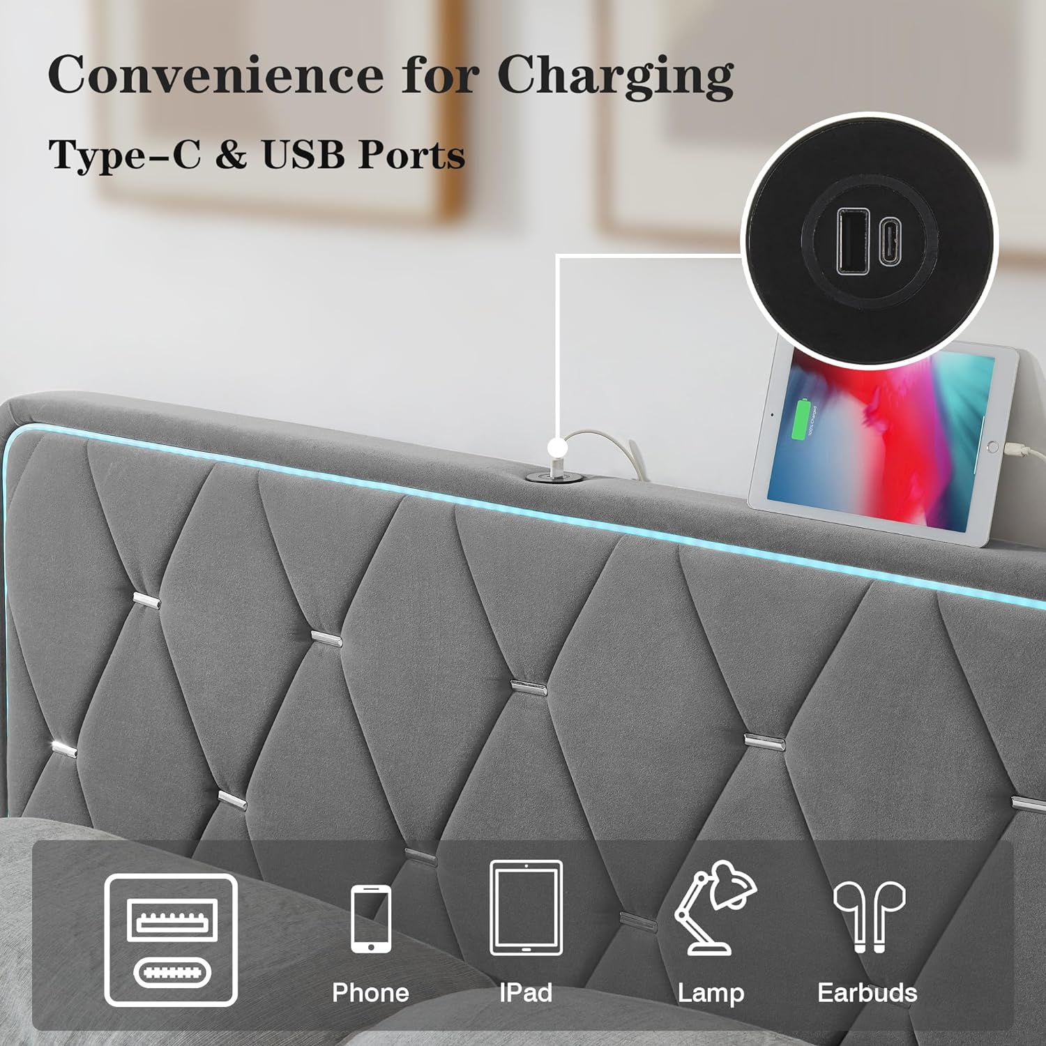 VECELO Upholstered Bed Frame with LED Lights, Charging Station, Velvet Platform Bed - VECELO