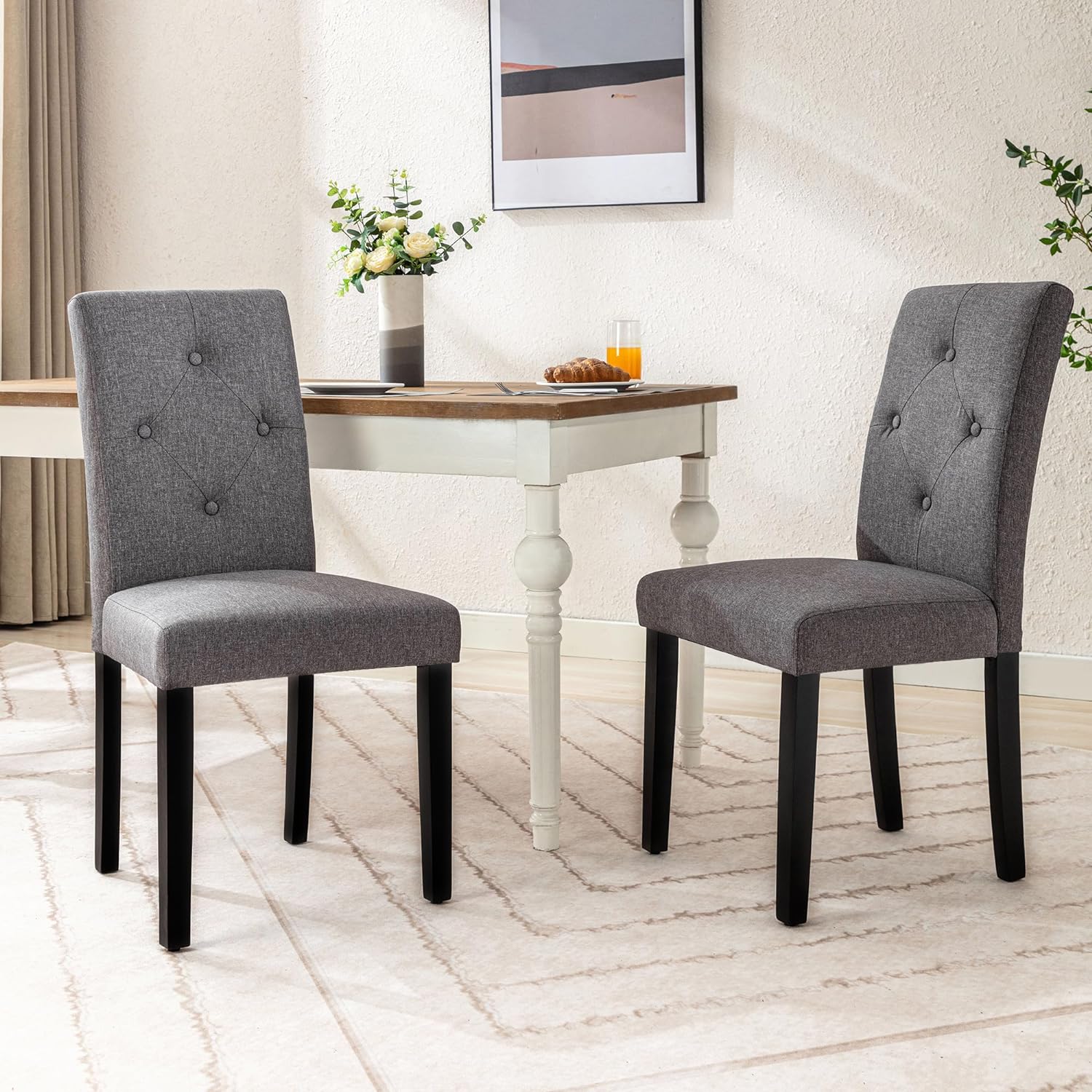 VECELO Upholstered Dining Set of 2 Modern Fabric Dinning Chair with Solid Wood Legs and High Back - VECELO
