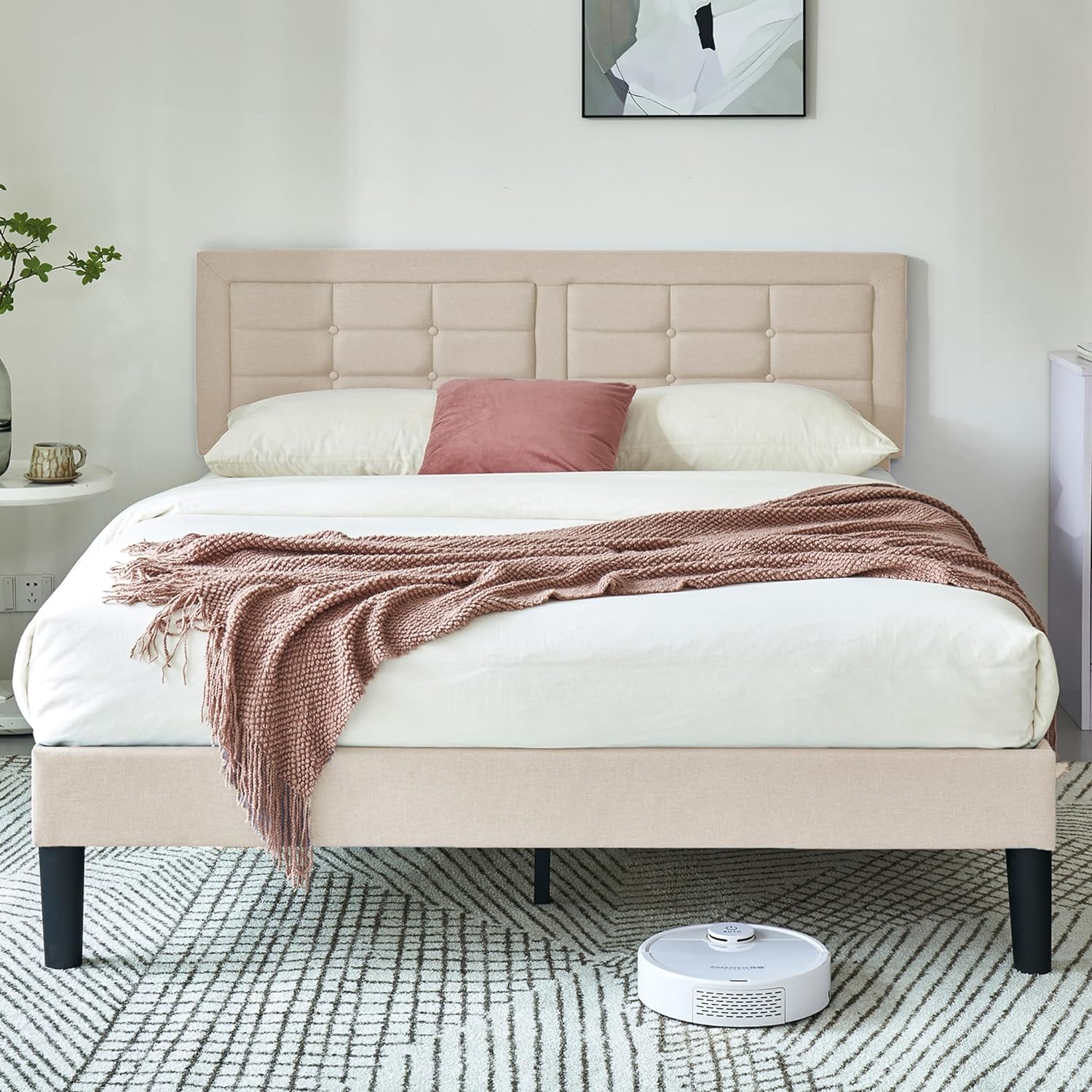 VECELO Upholstered Platform Bed Frame with Height Adjustable Headboard - VECELO
