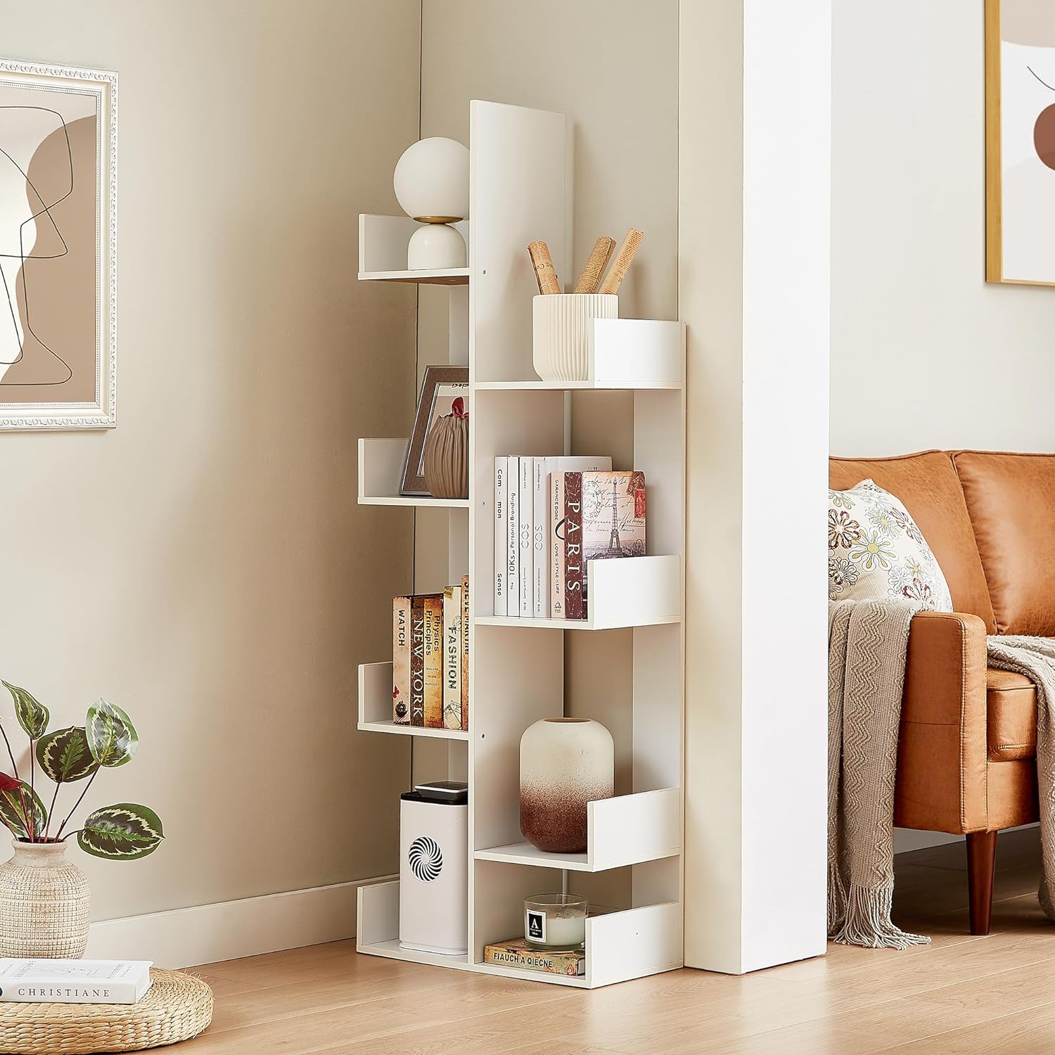 VECELO Tree Bookshelf, Geometric 8 Shelf Tree Bookcase Wood Bookshelves Display - VECELO