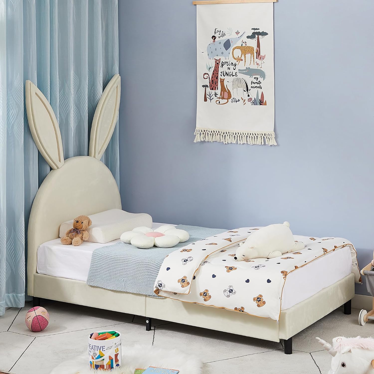 VECELO Kids Twin Bed Frame with Upholstered Headboard - VECELO