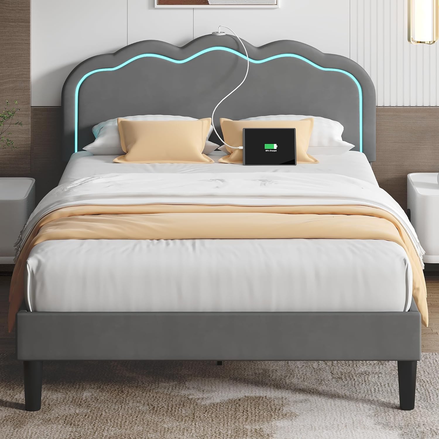 VECELO Upholstered Velvet Platform Bed Frame with Headboard Adjustable, LED Lights, USB-A & Type-C - VECELO
