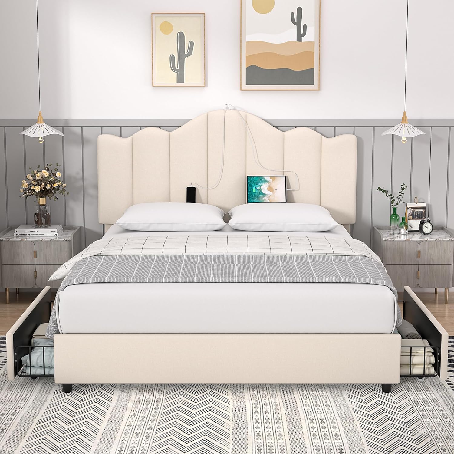 VECELO Upholstered Platform Bed Frame with Type-C & USB Charging Stations - VECELO