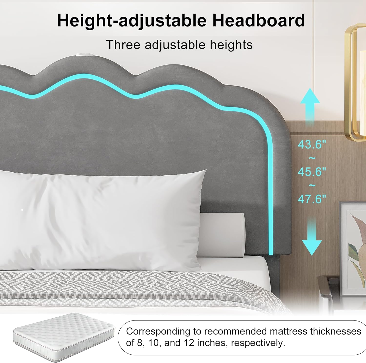 VECELO Upholstered Velvet Platform Bed Frame with Headboard Adjustable, LED Lights, USB-A & Type-C - VECELO