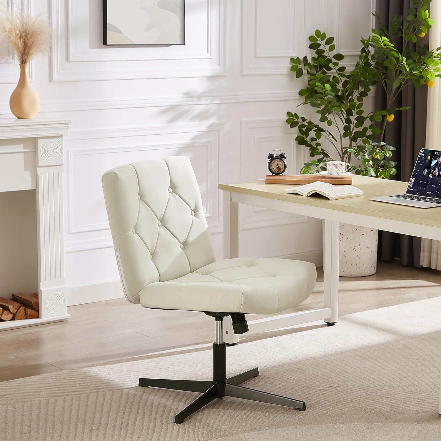 VECELO Criss Cross Armless Office Desk Chair No Wheels Comfy Wide Fabric Padded