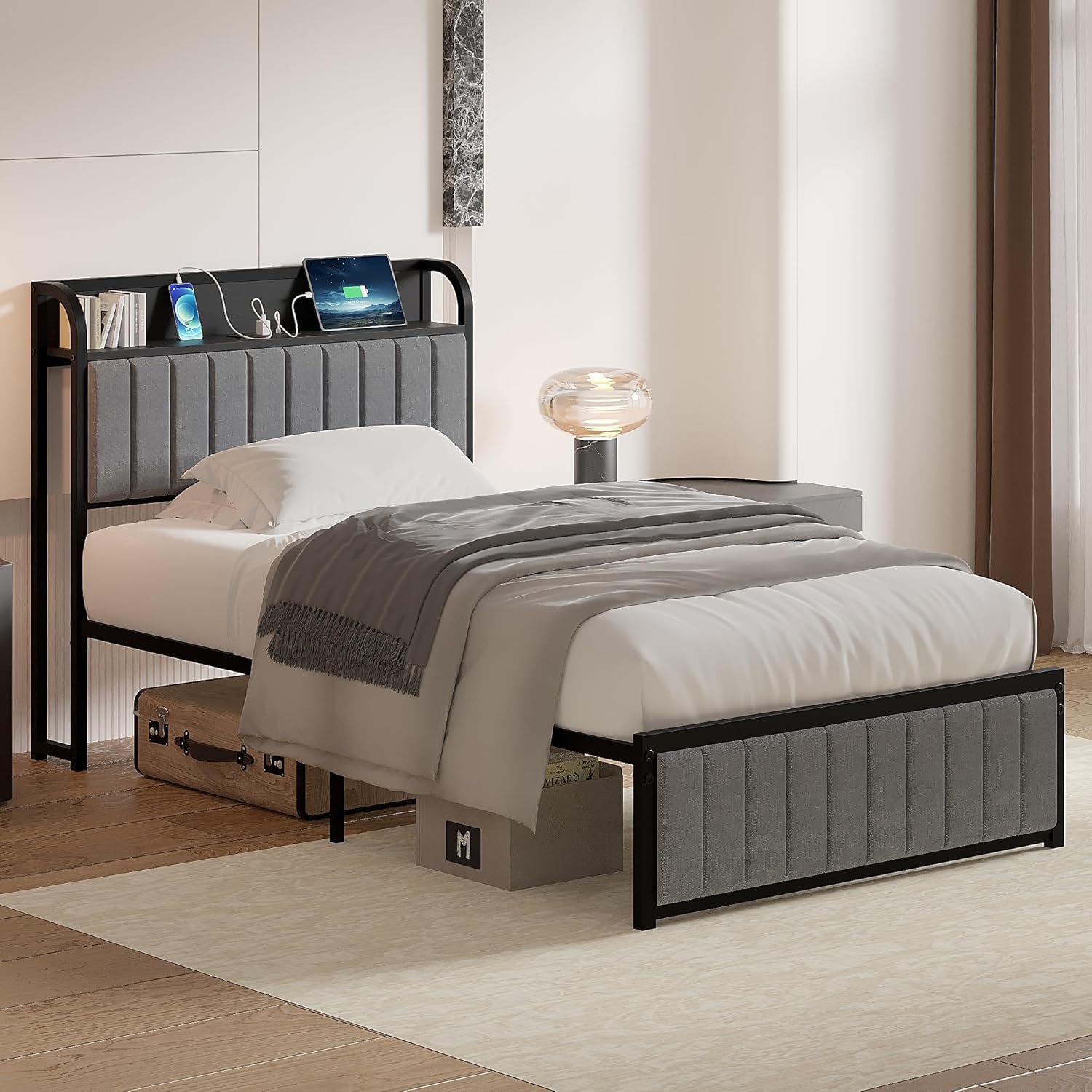 VECELO Twin Bed Frame, Storage Upholstered Headboard with Charging Station - VECELO