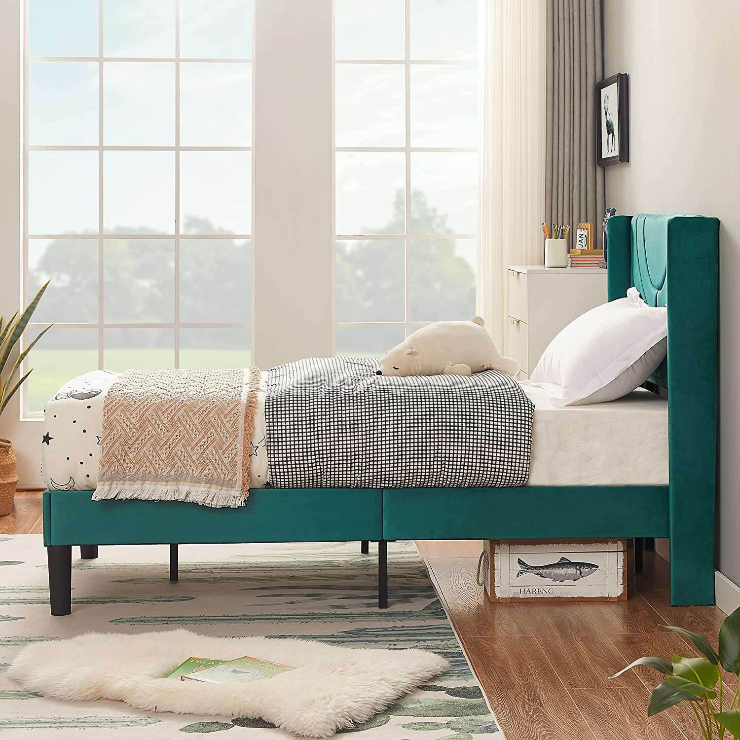 VECELO Upholstered Platform Bed Frame with Adjustable Fabric Headboard - VECELO