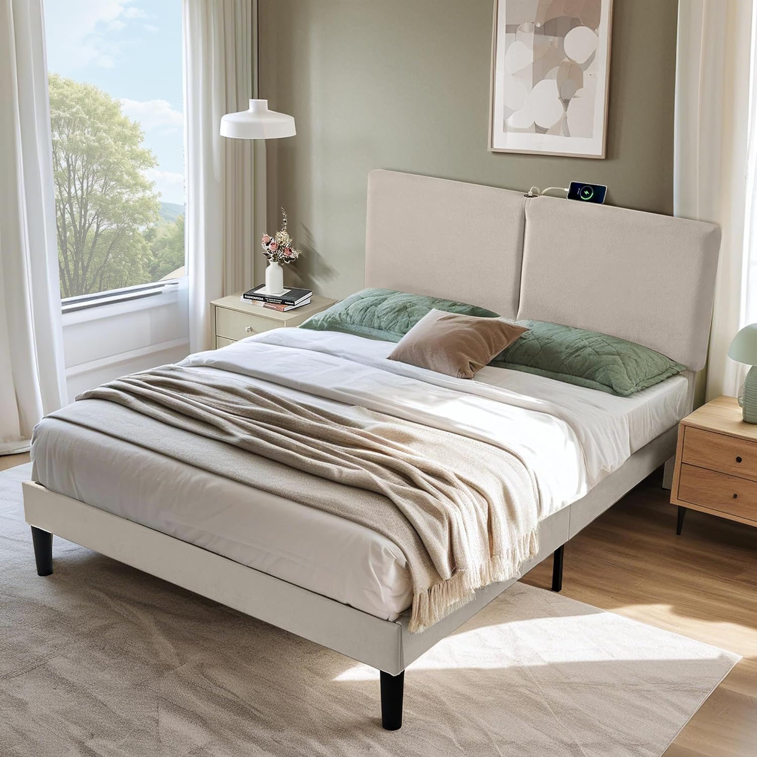 VECELO Twin/Full/Queen Bed Frame Upholstered Platform with Type-C & USB Ports Height-Adjustable Cotton and Linen Headboard - VECELO