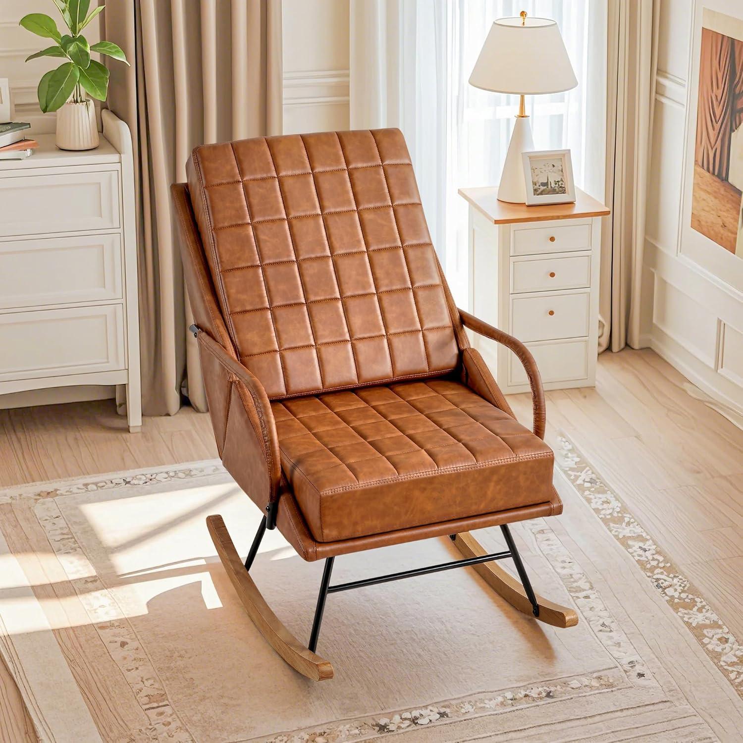 VECELO Rocking Chair Nursery Leather Glider Rocker with High Backrest - VECELO