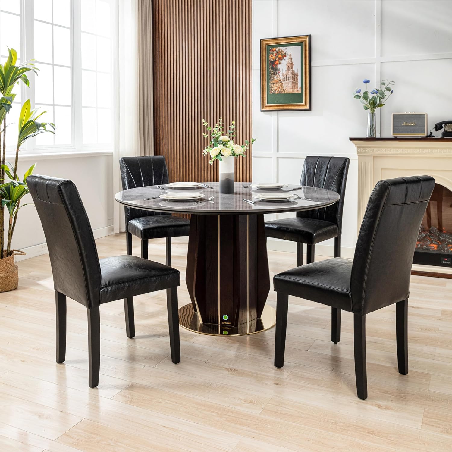 VECELO Upholstered Dining Set of 2 Modern Fabric Dinning Chair with Solid Wood Legs and High Back - VECELO