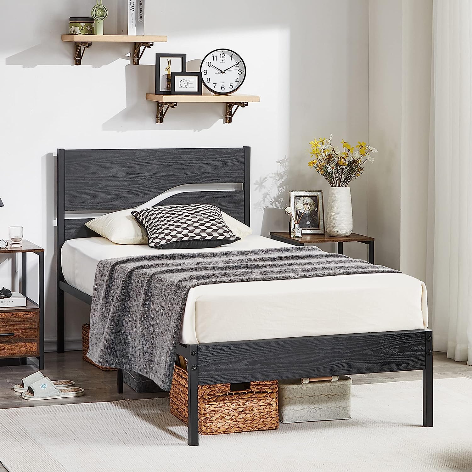 VECELO Platform Bed Frame/Mattress Foundation with Rustic Vintage Wood Headboard - VECELO