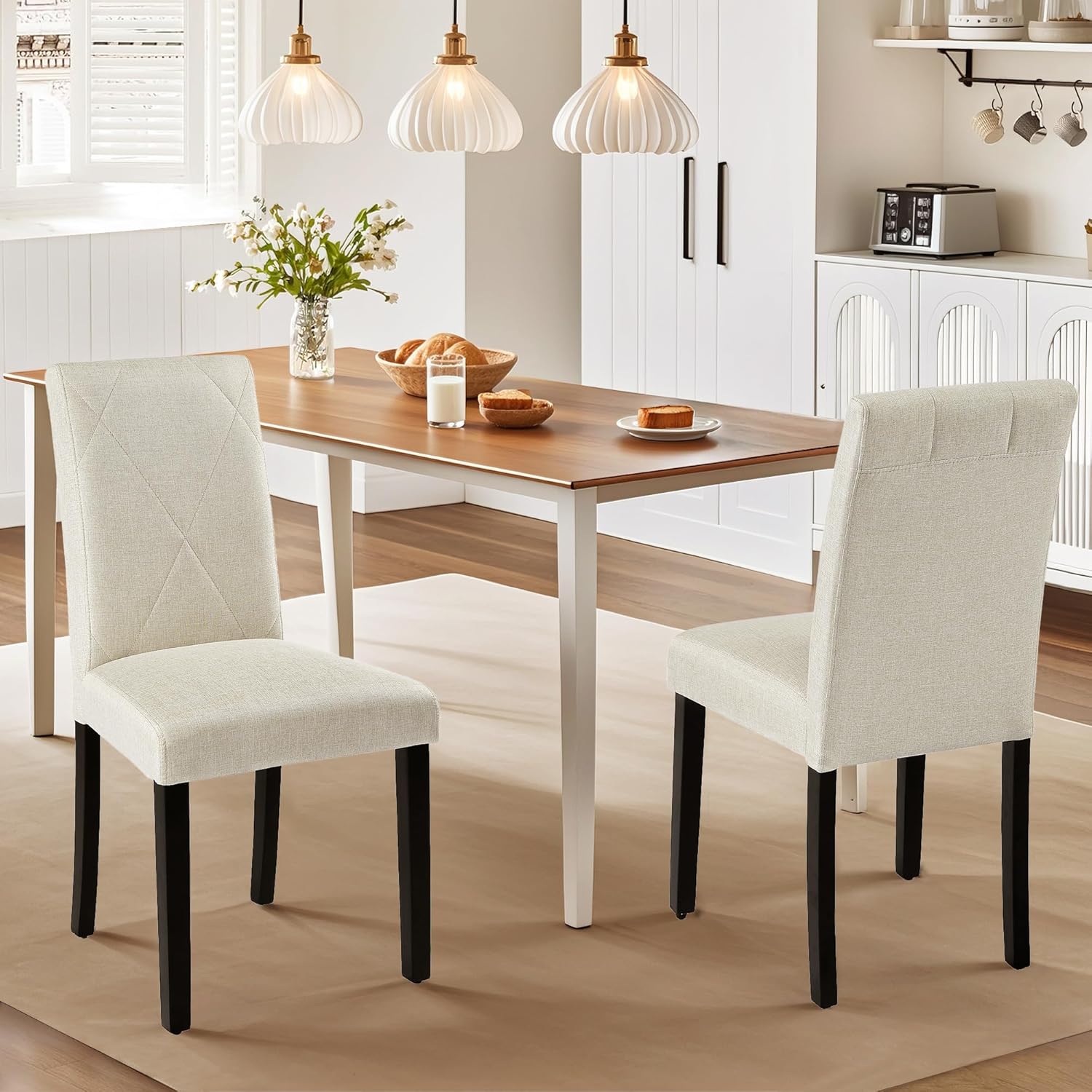 VECELO Upholstered Dining Chairs Set of 2 Modern Fabric and High Back & Solid Wood Legs for Kitchen - VECELO