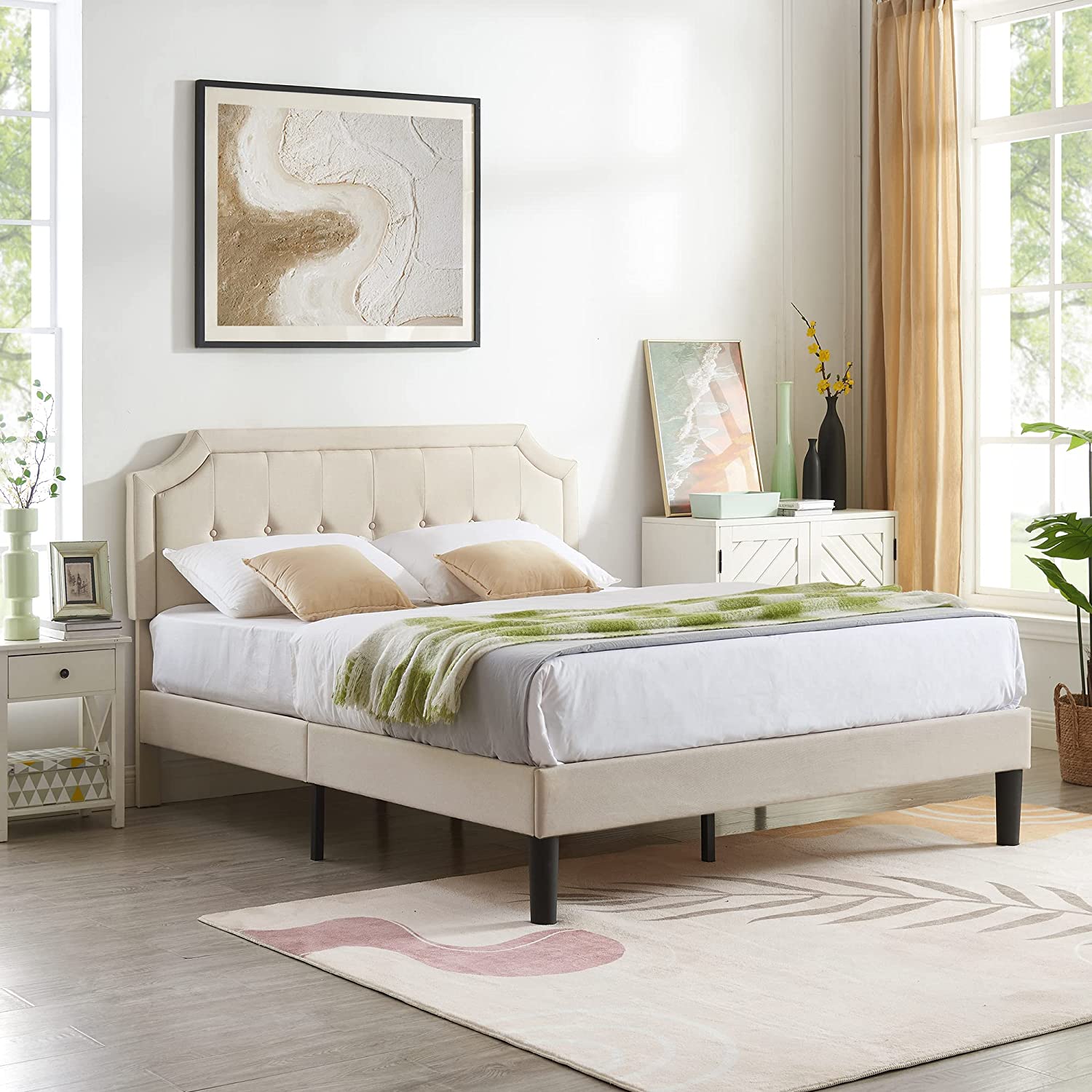 VECELO Premium Upholstered Platform Bed Diamond Stitched Panel Headboard - VECELO