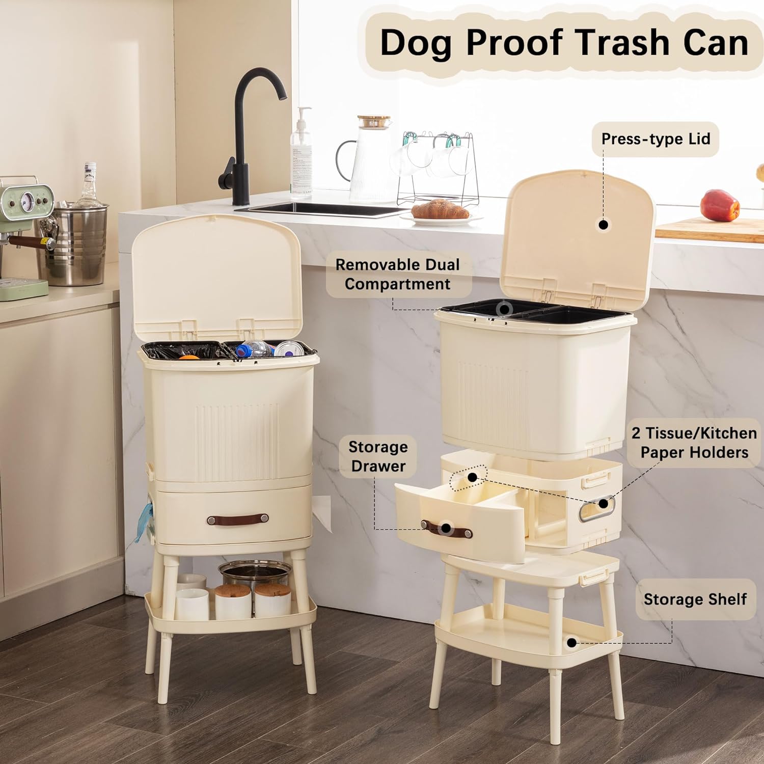 VECELO Kitchen Trash Can with Lid, Garbage Bin with Push Button