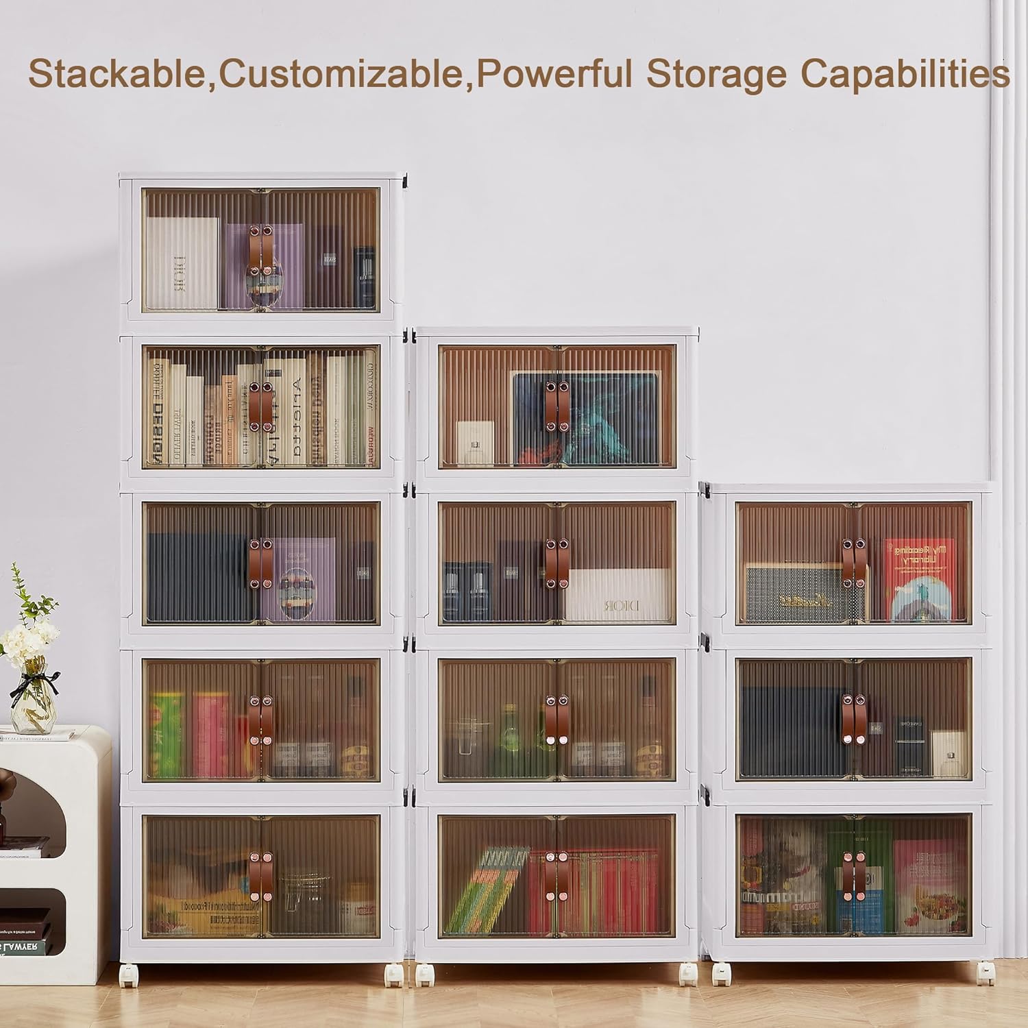 VECELO Stackable Bins with Lid, Plastic Collapsible Cabinet Foldable Folding Box Organizer/Storage Container Cart - VECELO