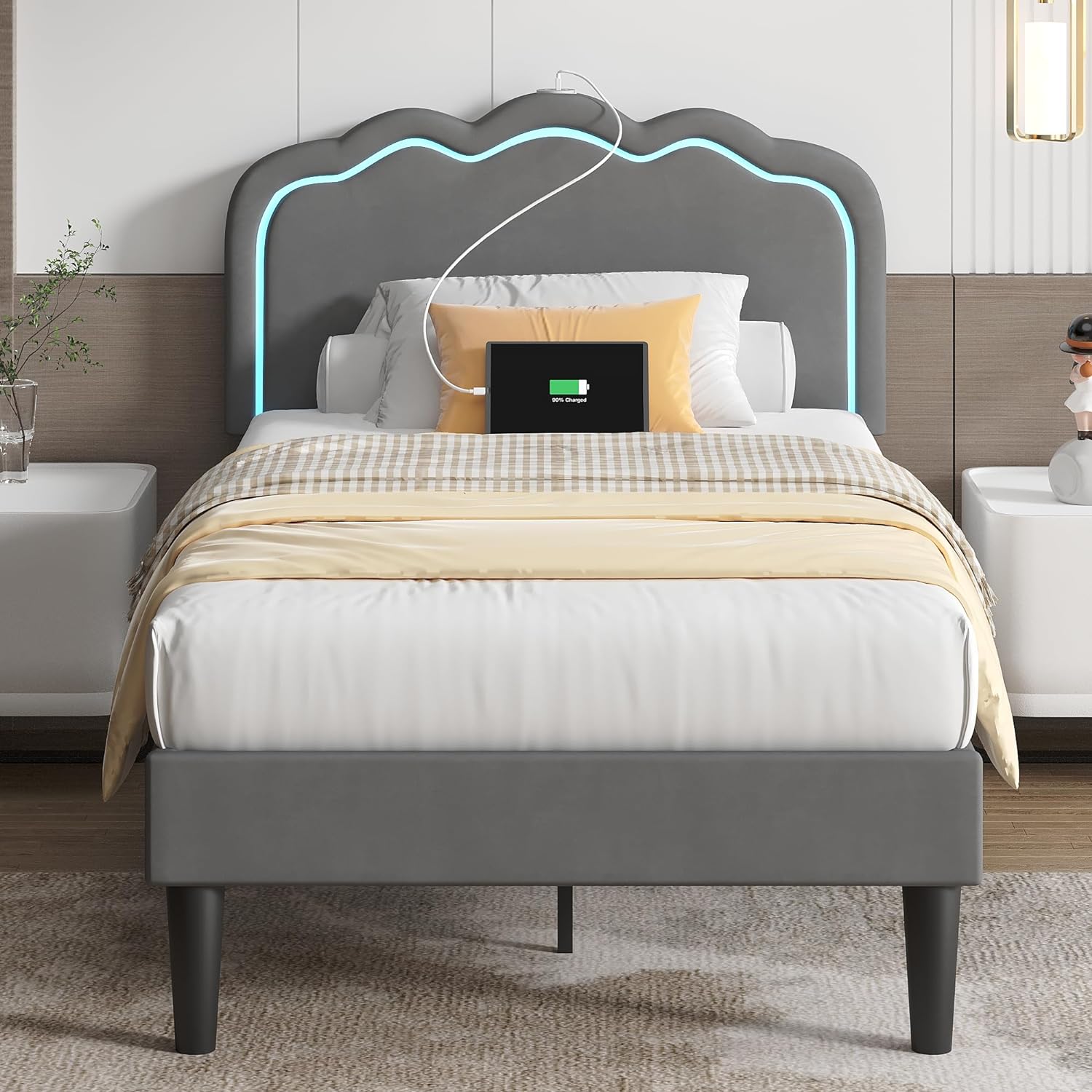 VECELO Upholstered Velvet Platform Bed Frame with Headboard Adjustable, LED Lights, USB-A & Type-C - VECELO