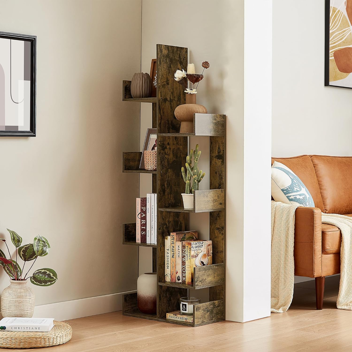 VECELO Tree Bookshelf, Geometric 8 Shelf Tree Bookcase Wood Bookshelves Display - VECELO