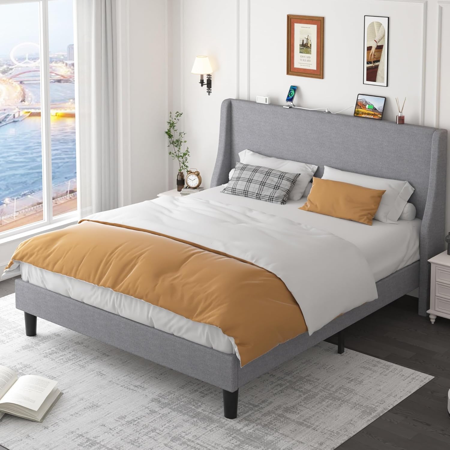 VECELO Bed Frame with Upholstered Wingback Headboard - VECELO