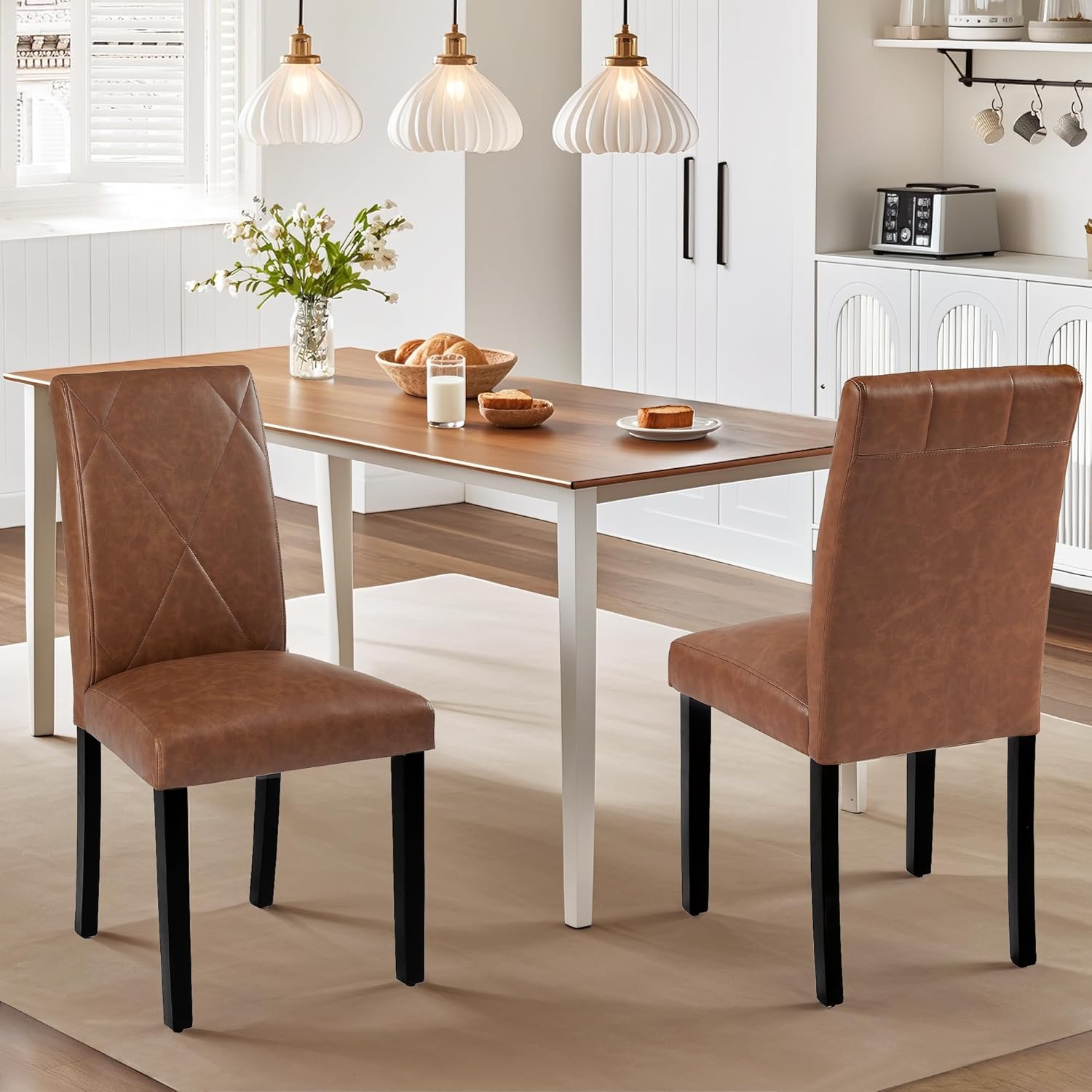 VECELO Upholstered Dining Chairs Set of 2 Modern Fabric and High Back & Solid Wood Legs for Kitchen - VECELO