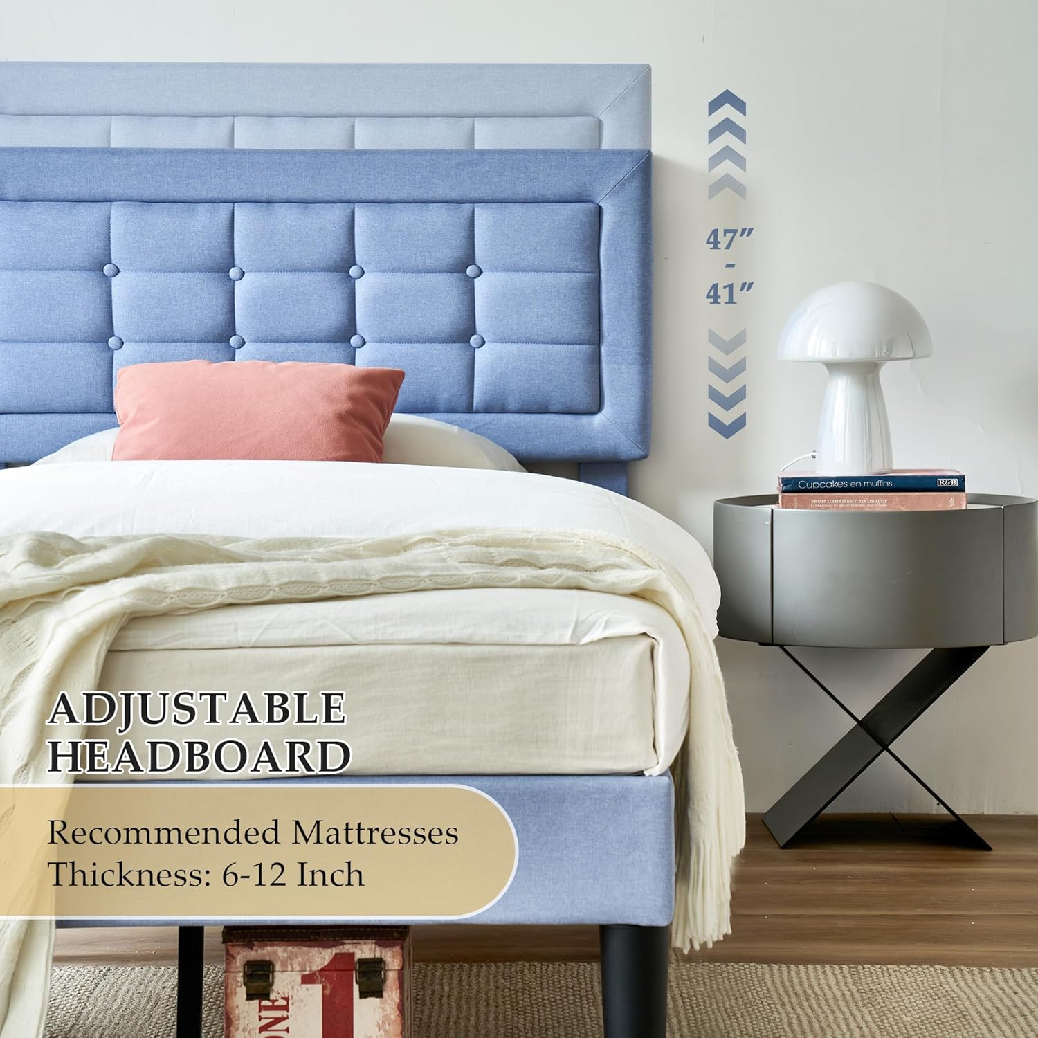 VECELO Upholstered Platform Bed Frame with Height Adjustable Headboard - VECELO