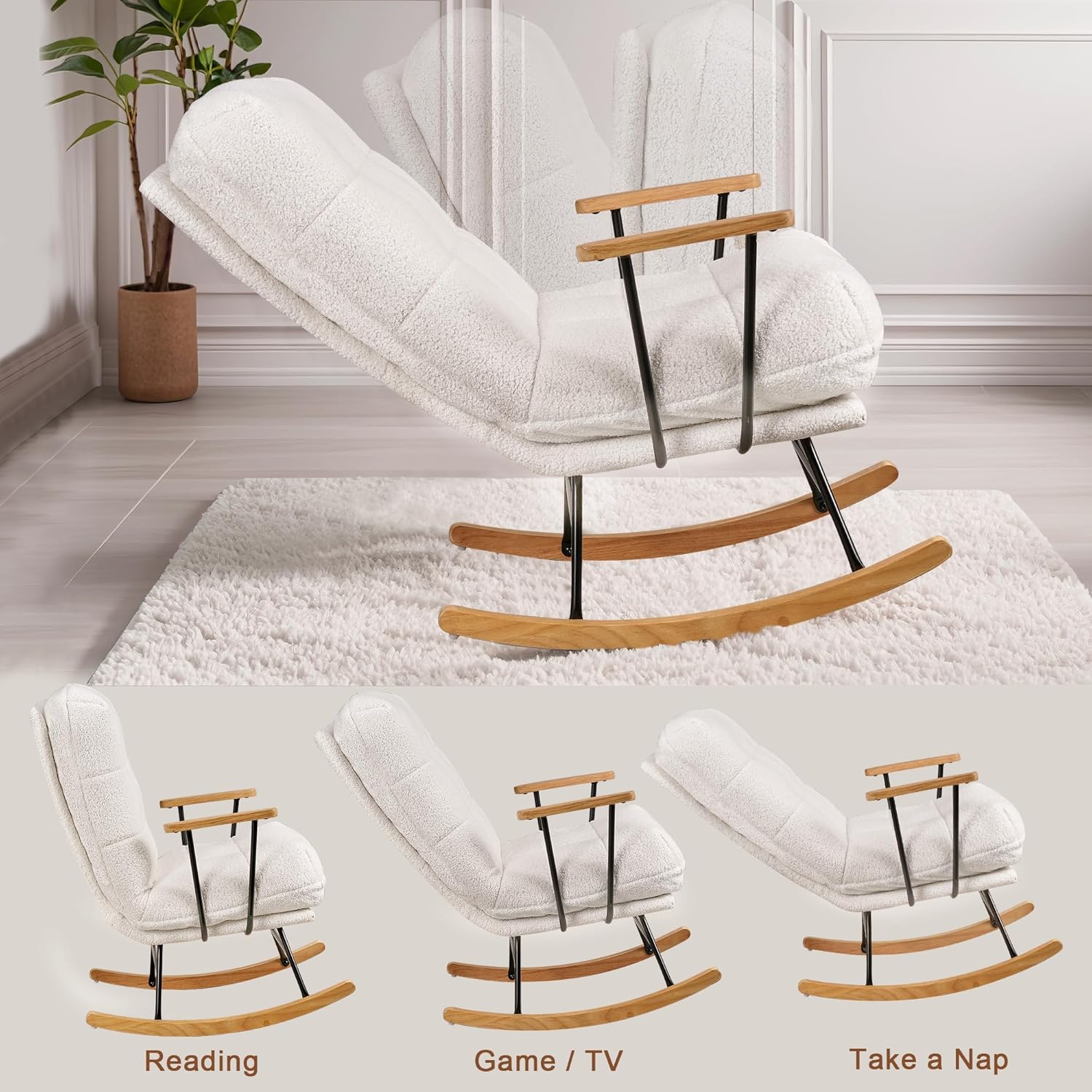 VECELO Rocking Chair Nursery Teddy Fabric Modern Upholstered Glider Rocker with High Backrest for Living Room - VECELO