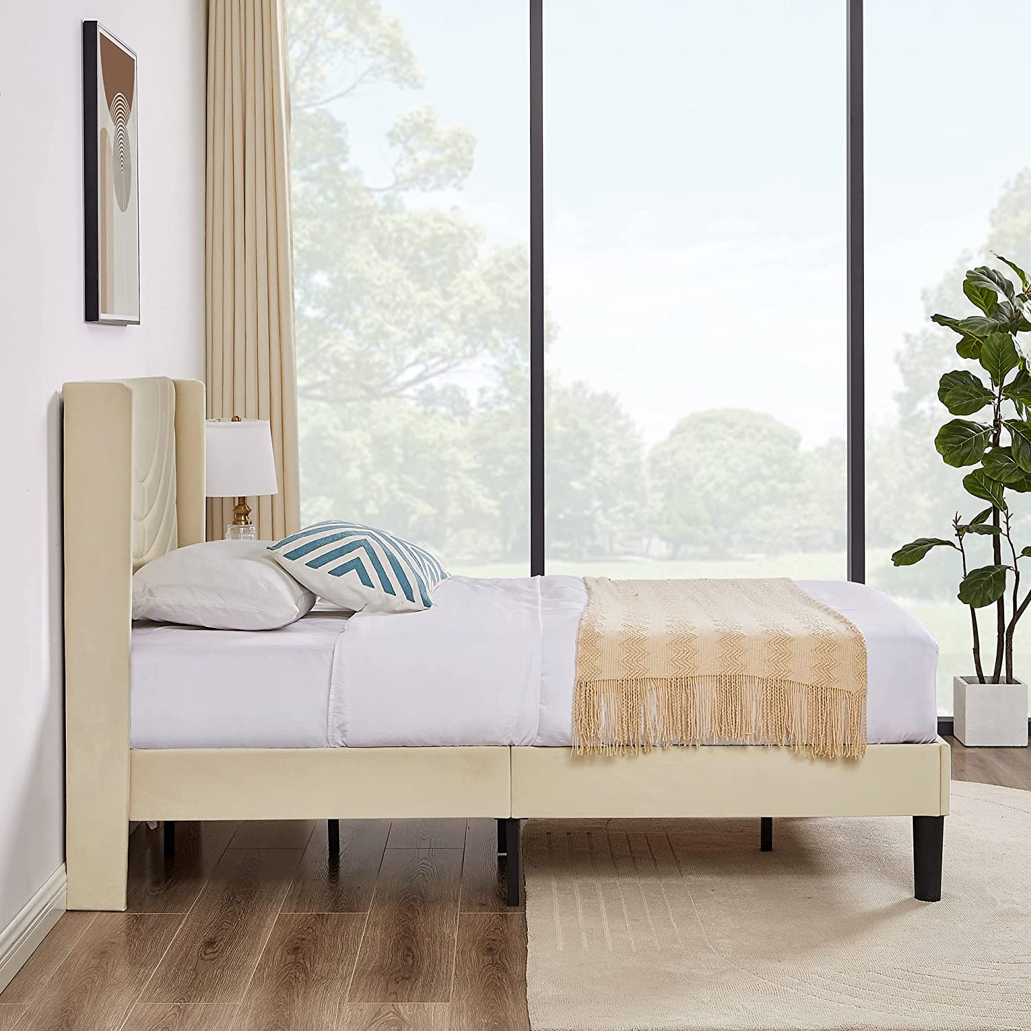 VECELO Upholstered Platform Bed Frame with Adjustable Fabric Headboard - VECELO