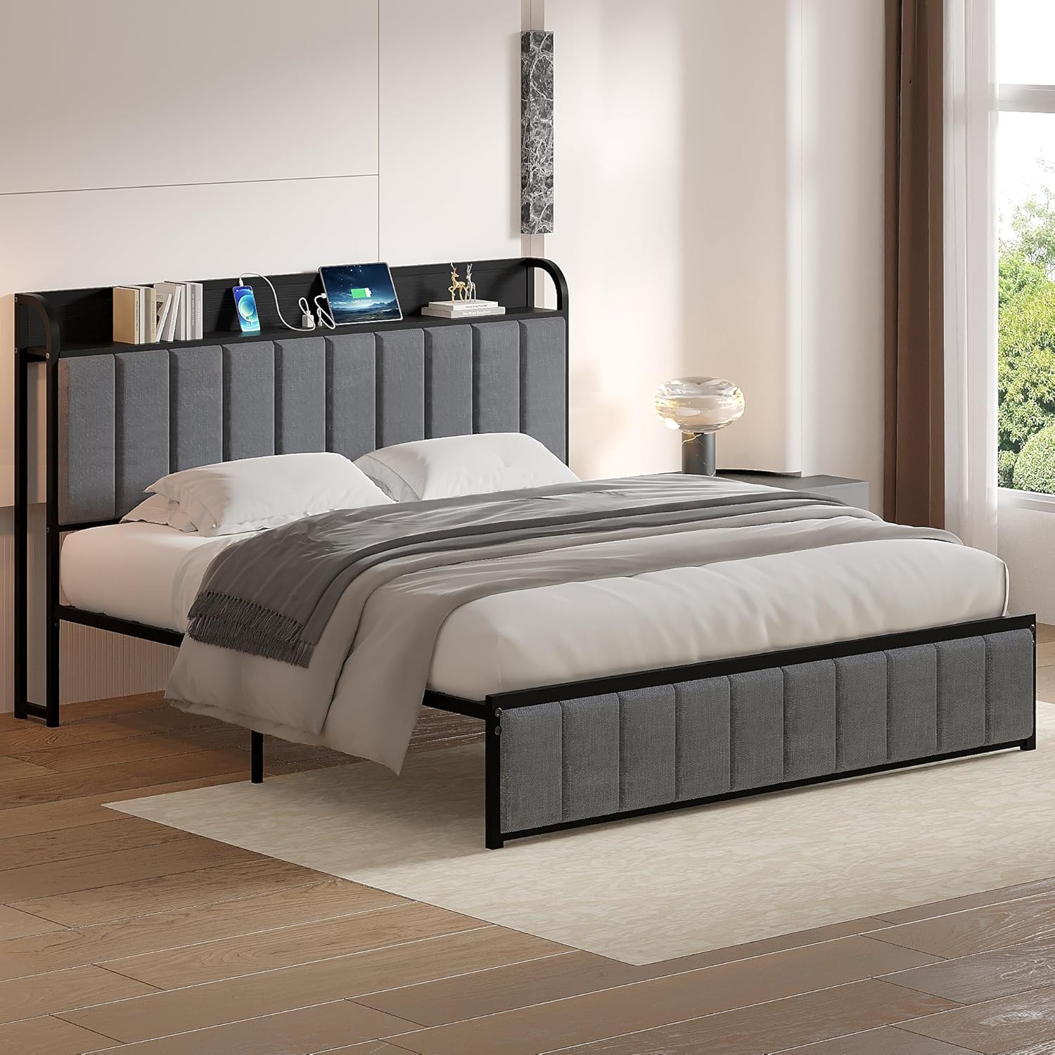 VECELO Twin Bed Frame, Storage Upholstered Headboard with Charging Station - VECELO