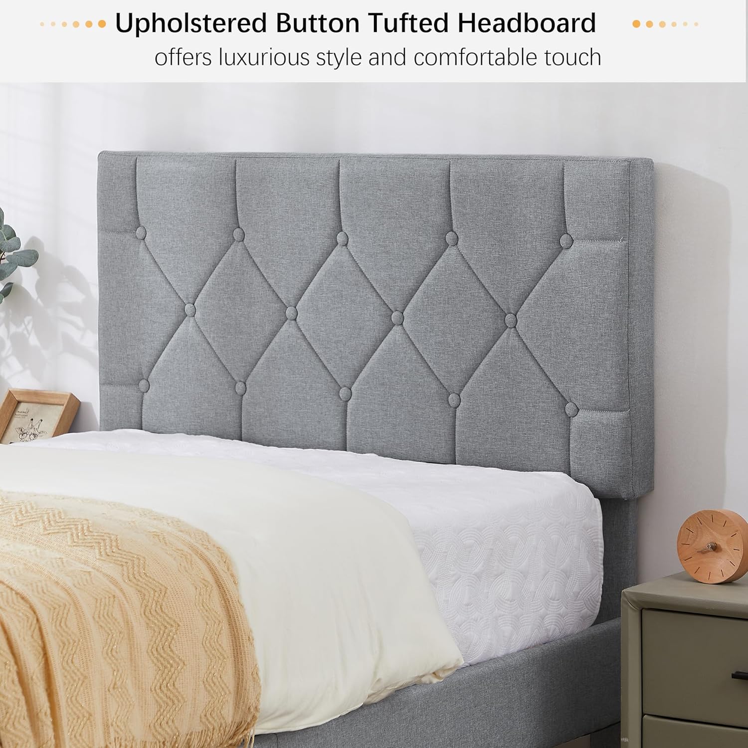 VECELO Bed Frame, Upholstered Platform with Adjustable Diamond Tufted Headboard - VECELO
