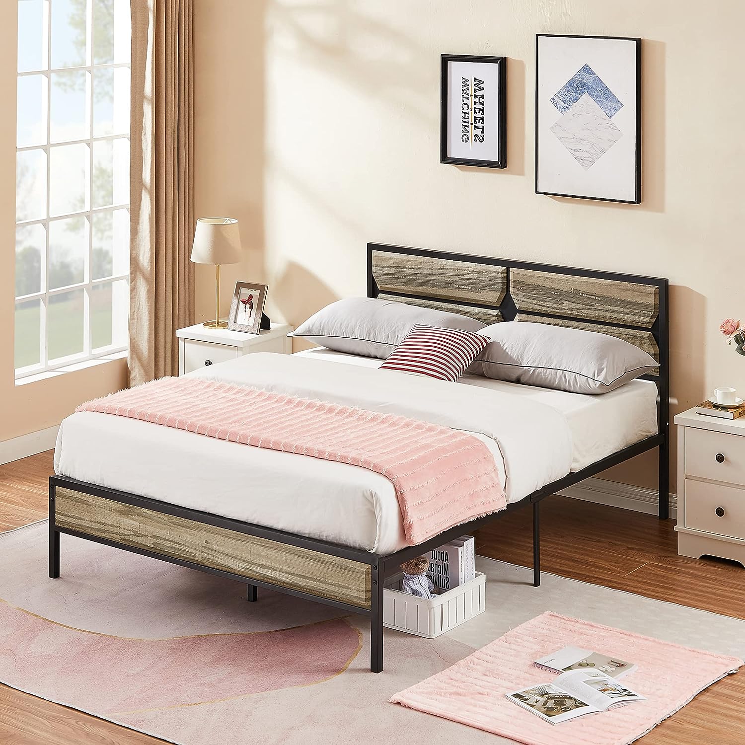 VECELO Metal Bed Frame Platform with Wooden Headboard&Footboard Mattress Foundation - VECELO