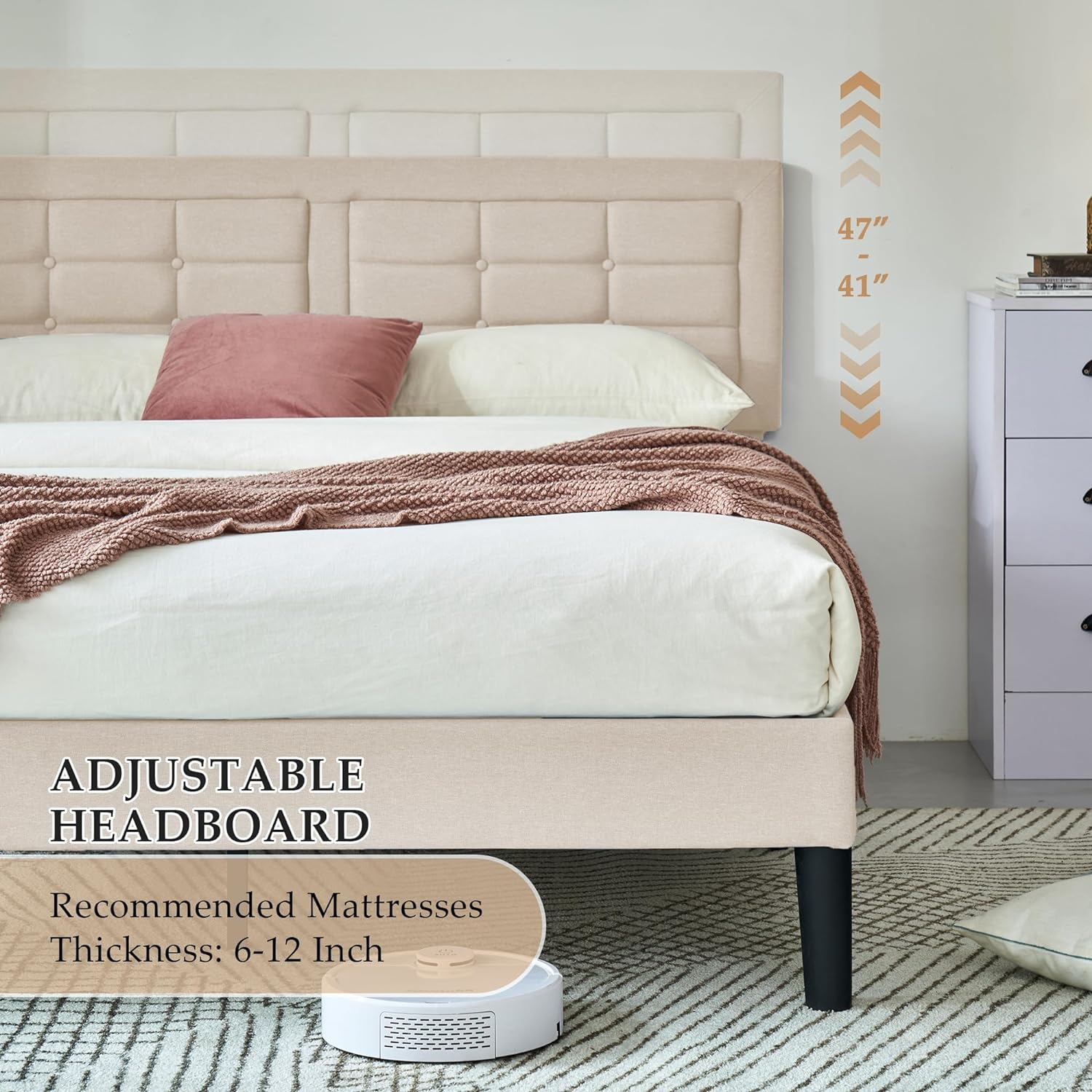 VECELO Upholstered Platform Bed Frame with Height Adjustable Headboard - VECELO