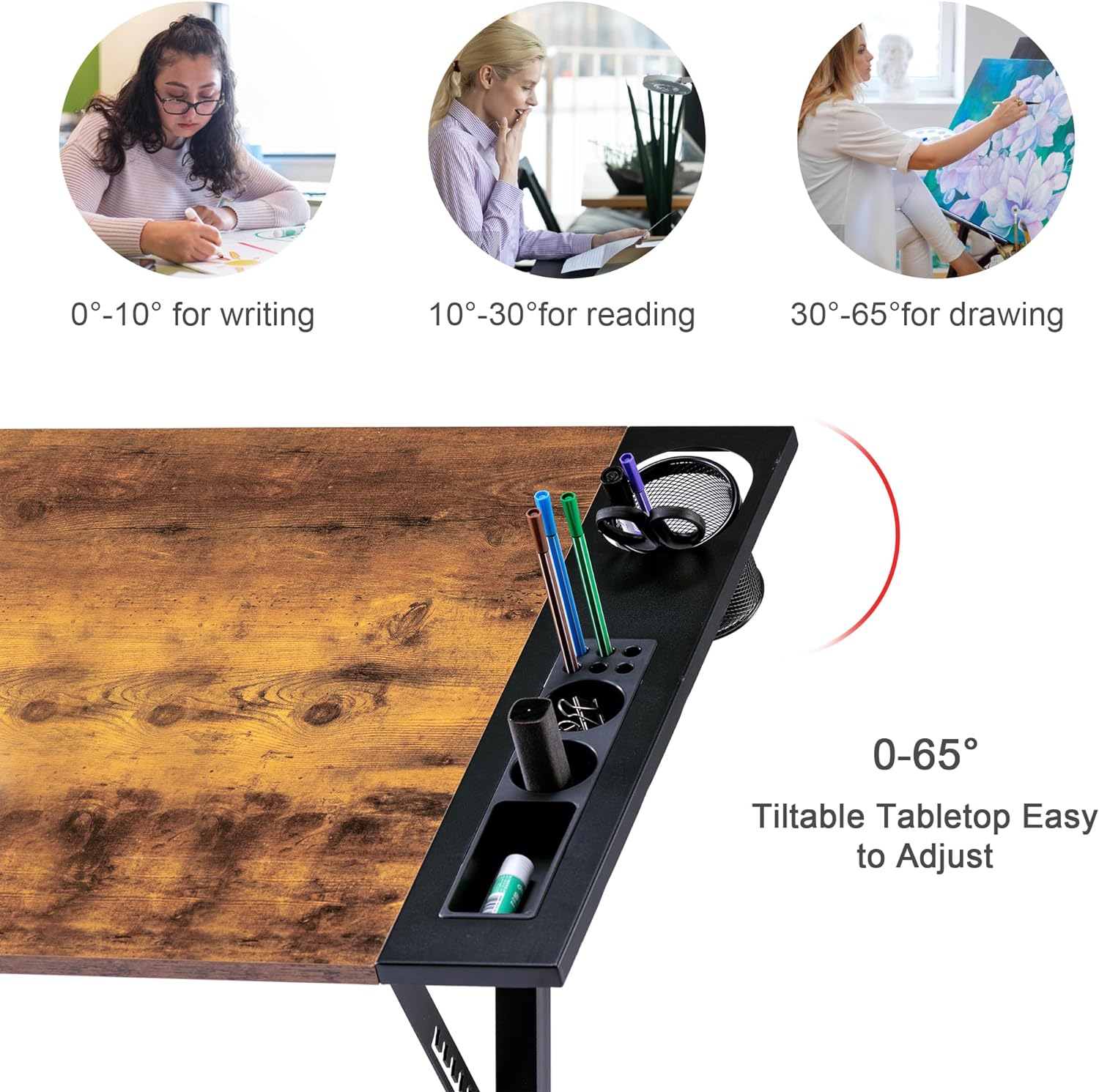 VECELO Vintage Drawing Drafting Table, Adjustable Tilting Top Art Desk Craft Work Station - VECELO