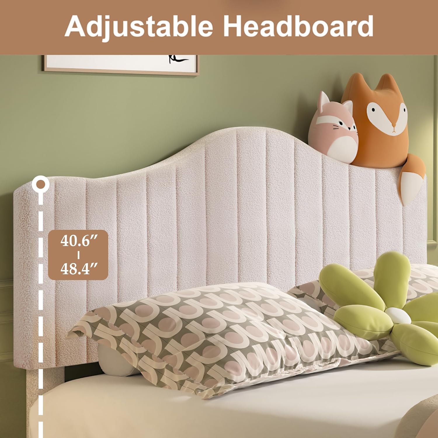 VECELO Upholstered Platform Bed Frame with Sheepskin Fabric Adjustable Headboard/Strong Wood Slats Supports - VECELO