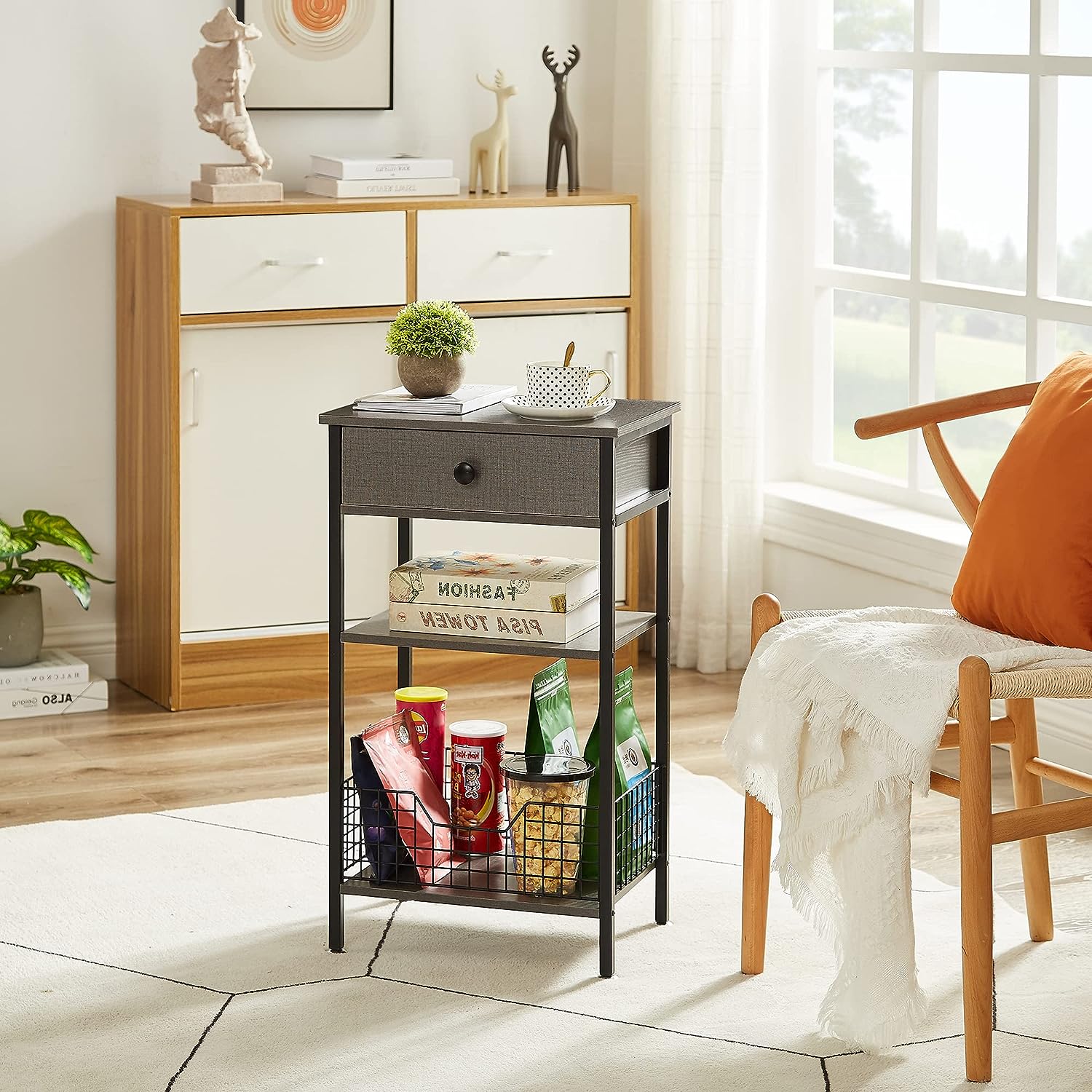 VECELO Tall Side End Tables/3-Tier Bedside Stand with Storage - VECELO