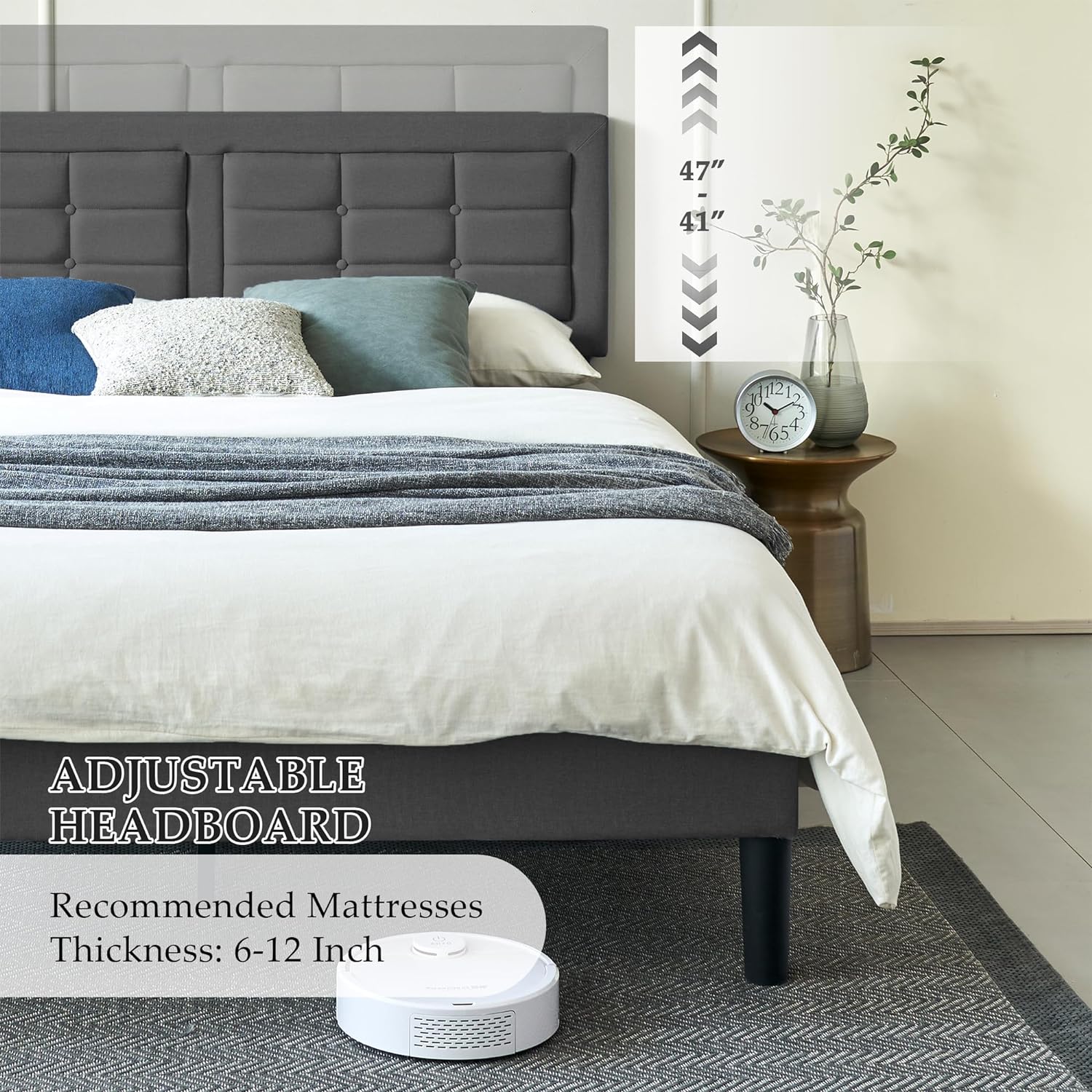 VECELO Upholstered Platform Bed Frame with Height Adjustable Headboard - VECELO