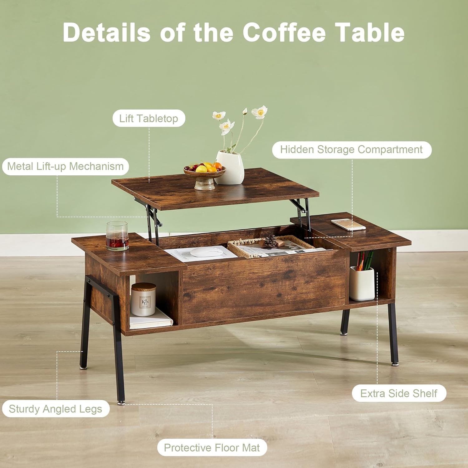 VECELO Wood Lift Top Coffee Table with Hidden Compartment and Storage Shelf - VECELO