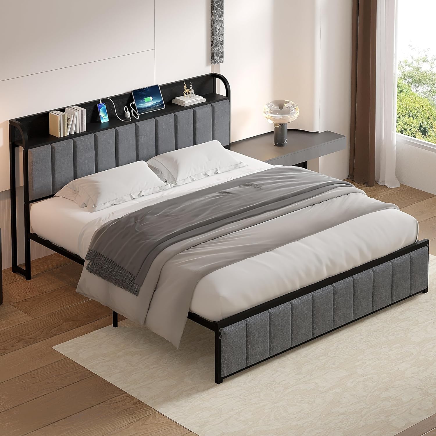 VECELO Twin Bed Frame, Storage Upholstered Headboard with Charging Station - VECELO