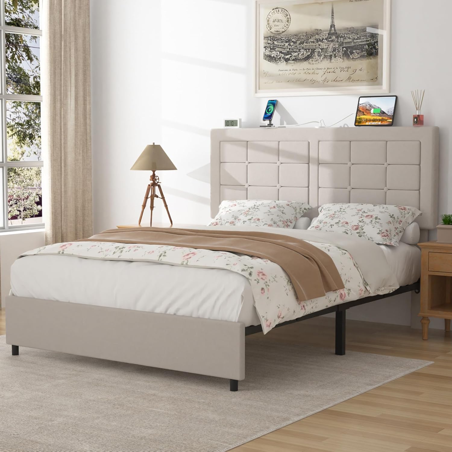 VECELO Bed Frame with 4 Drawers, Adjustable Tufted Button Headboard - VECELO