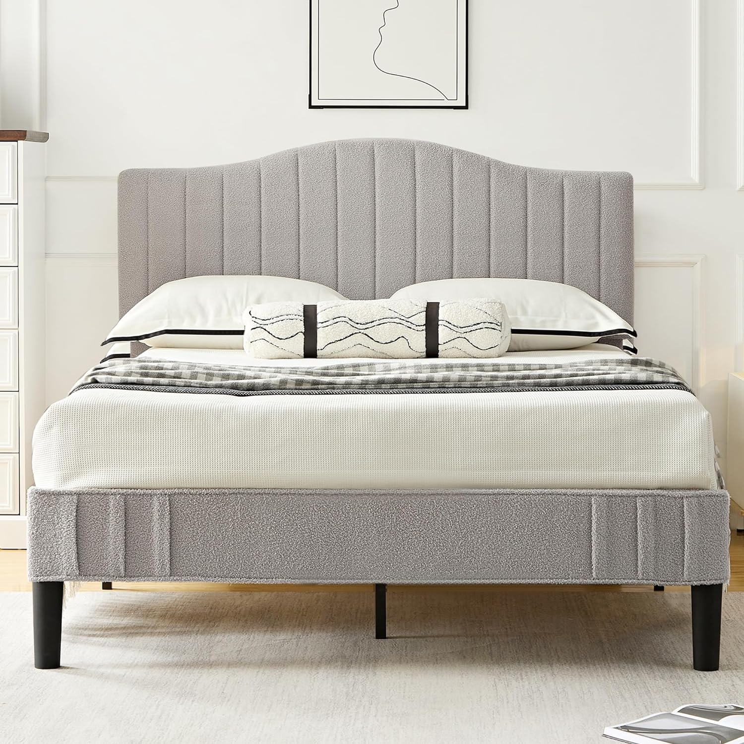 VECELO Upholstered Platform Bed Frame with Sheepskin Fabric Adjustable Headboard/Strong Wood Slats Supports - VECELO