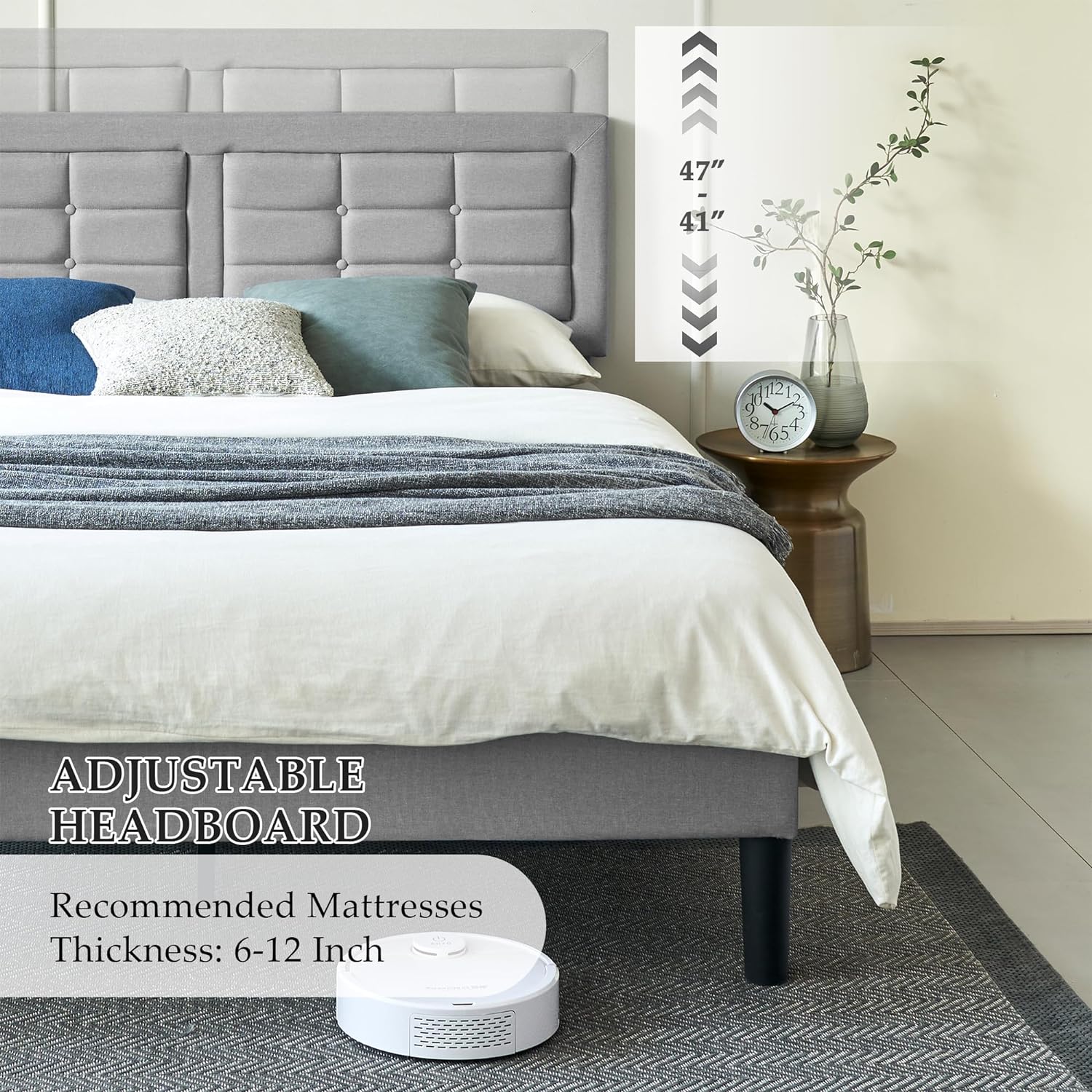VECELO Upholstered Platform Bed Frame with Height Adjustable Headboard - VECELO