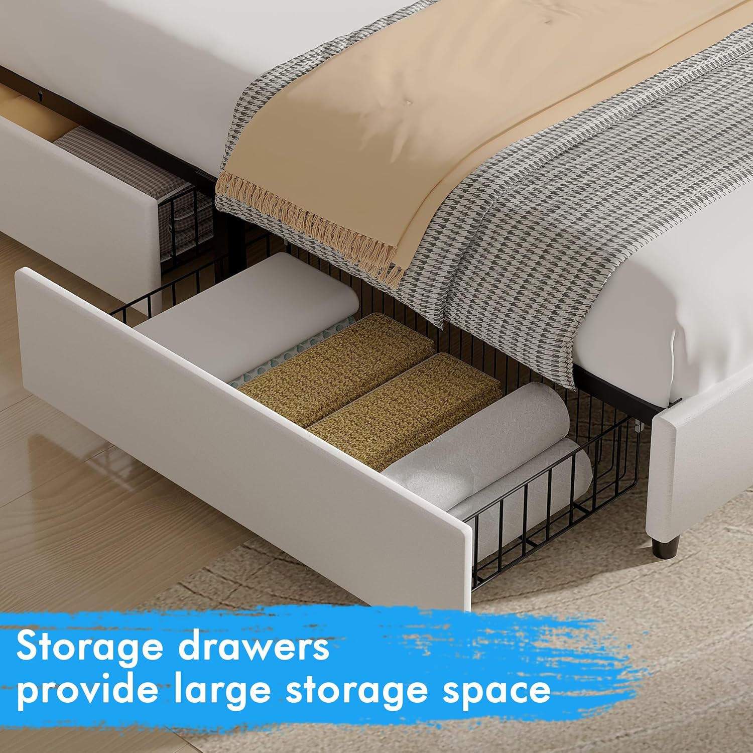 VECELO Upholstered Bed Frame with 4 Storage Drawers and Adjustable Velvet Headboard - VECELO