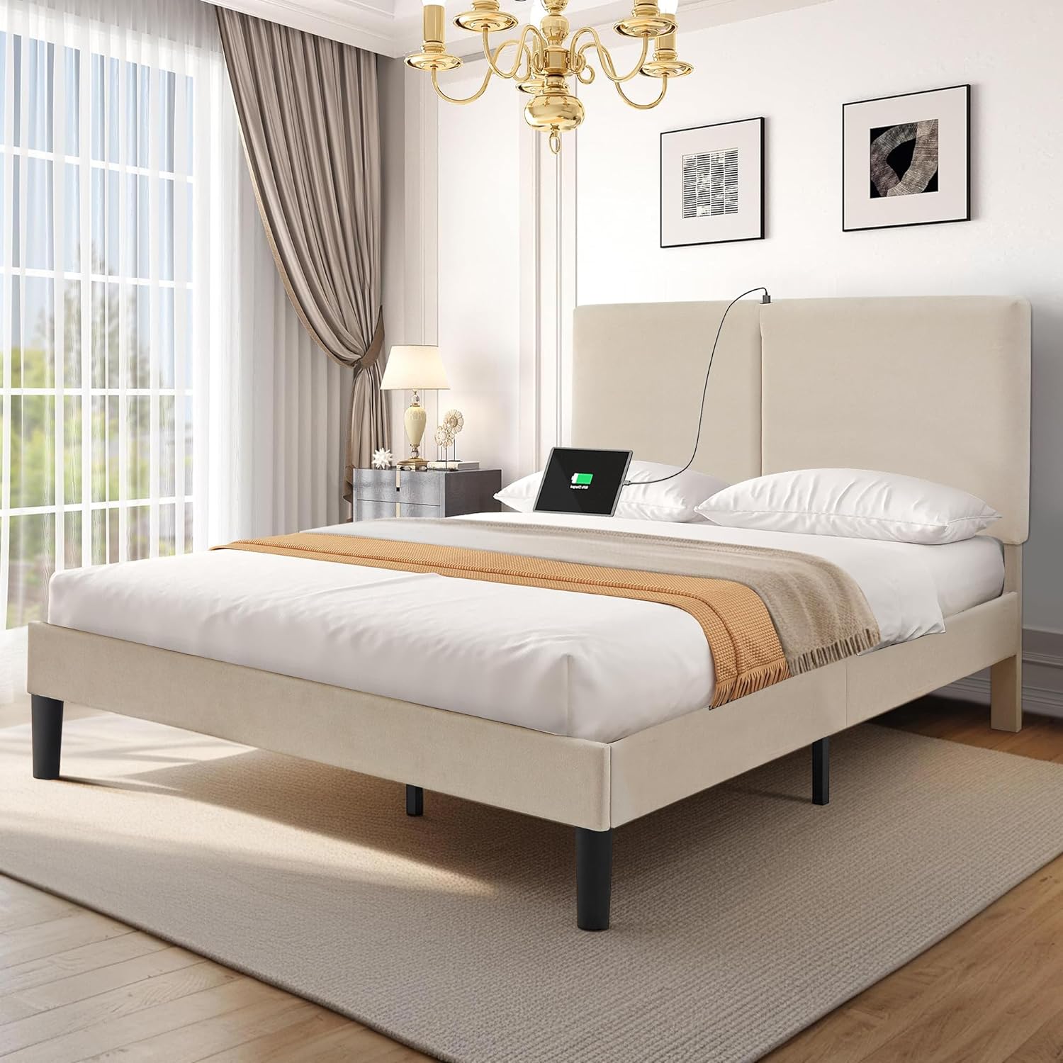 VECELO Twin/Full/Queen Bed Frame Upholstered Platform with Type-C & USB Ports Height-Adjustable Cotton and Linen Headboard - VECELO