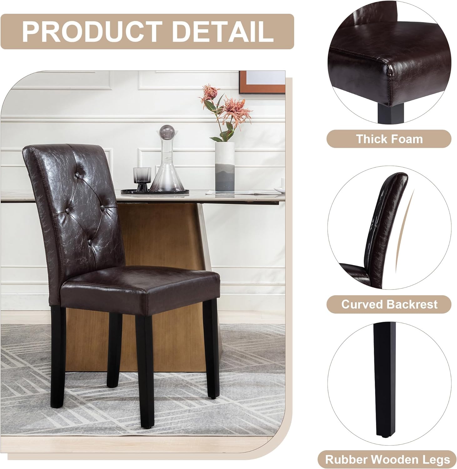 VECELO Upholstered Dining Set of 2 Modern Fabric Dinning Chair with Solid Wood Legs and High Back - VECELO